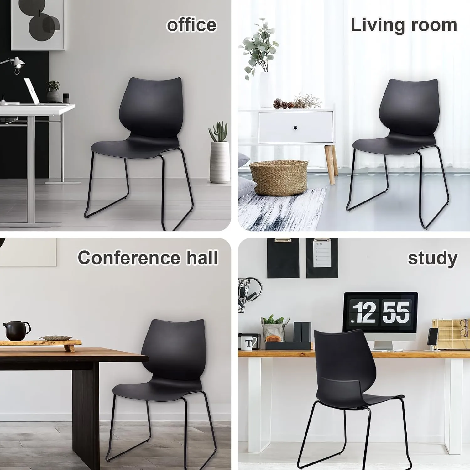 Stacking Chairs, Stackable Waiting Room Chairs, Conference Chair with Back & Church Chairs No Wheels with Metal Legs, Suitable for Offices Conference Training Waiting Room Set of 12, Black