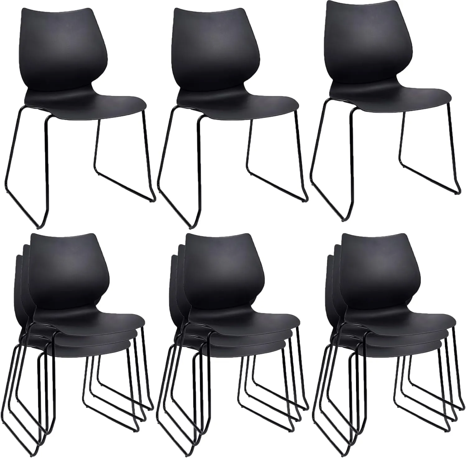 Stacking Chairs, Stackable Waiting Room Chairs, Conference Chair with Back & Church Chairs No Wheels with Metal Legs, Suitable for Offices Conference Training Waiting Room Set of 12, Black