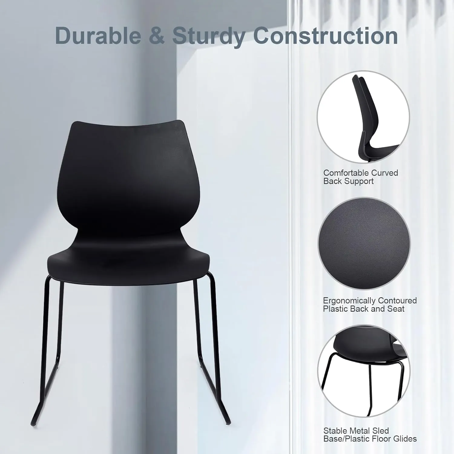 Stacking Chairs, Stackable Waiting Room Chairs, Conference Chair with Back & Church Chairs No Wheels with Metal Legs, Suitable for Offices Conference Training Waiting Room Set of 12, Black