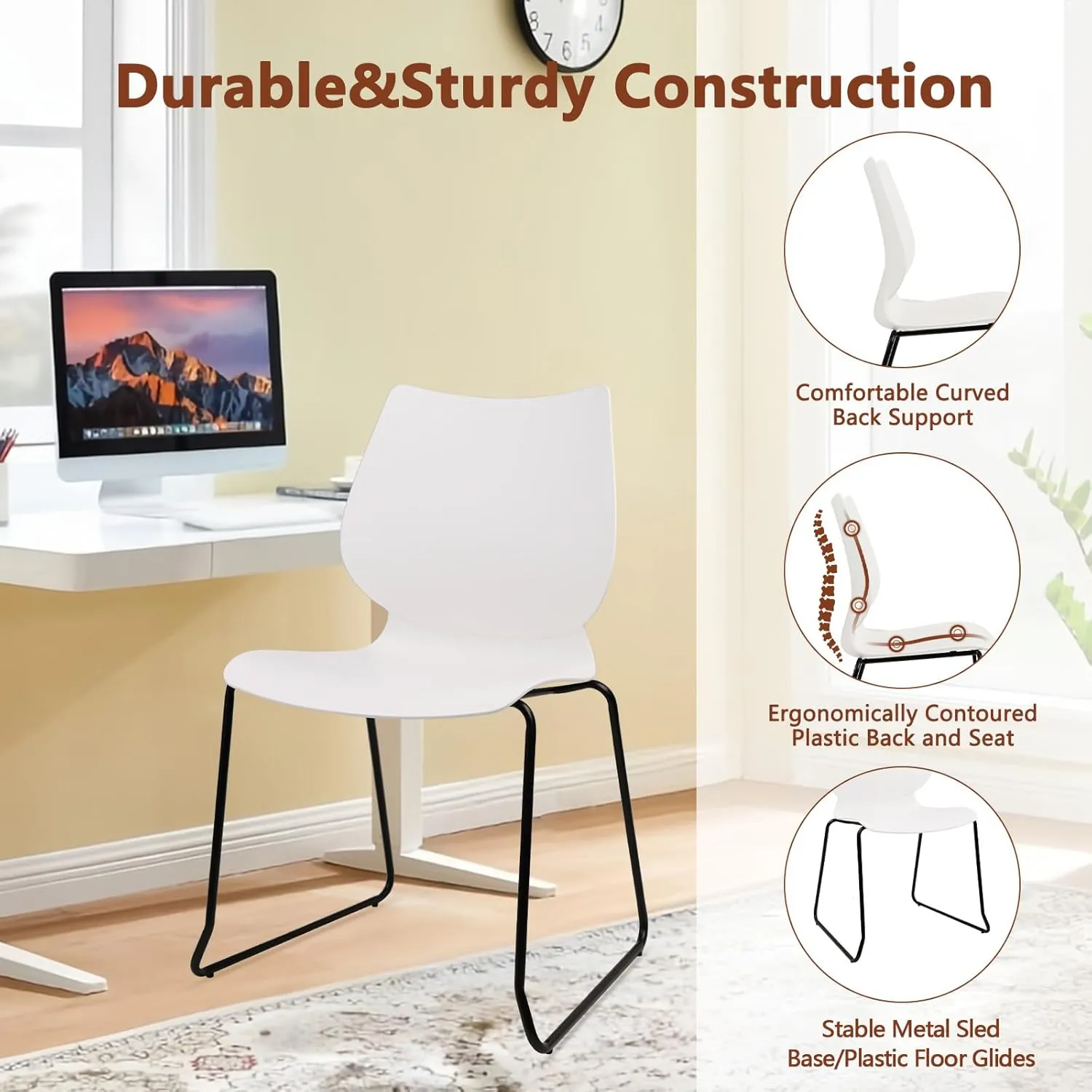 Stacking Chairs, Stackable Waiting Room Chairs, Conference Chair with Back & Church Chairs No Wheels with Metal Legs, Suitable for Offices Conference Training Waiting Room Set of 12, White
