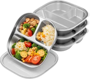 Stainless Steel Kids Plates,Set of 4 Toddler Plates with Lids - 3 Compartments Stainless Steel Snack Containers for Kids Non Toxic & 100% BPA Free