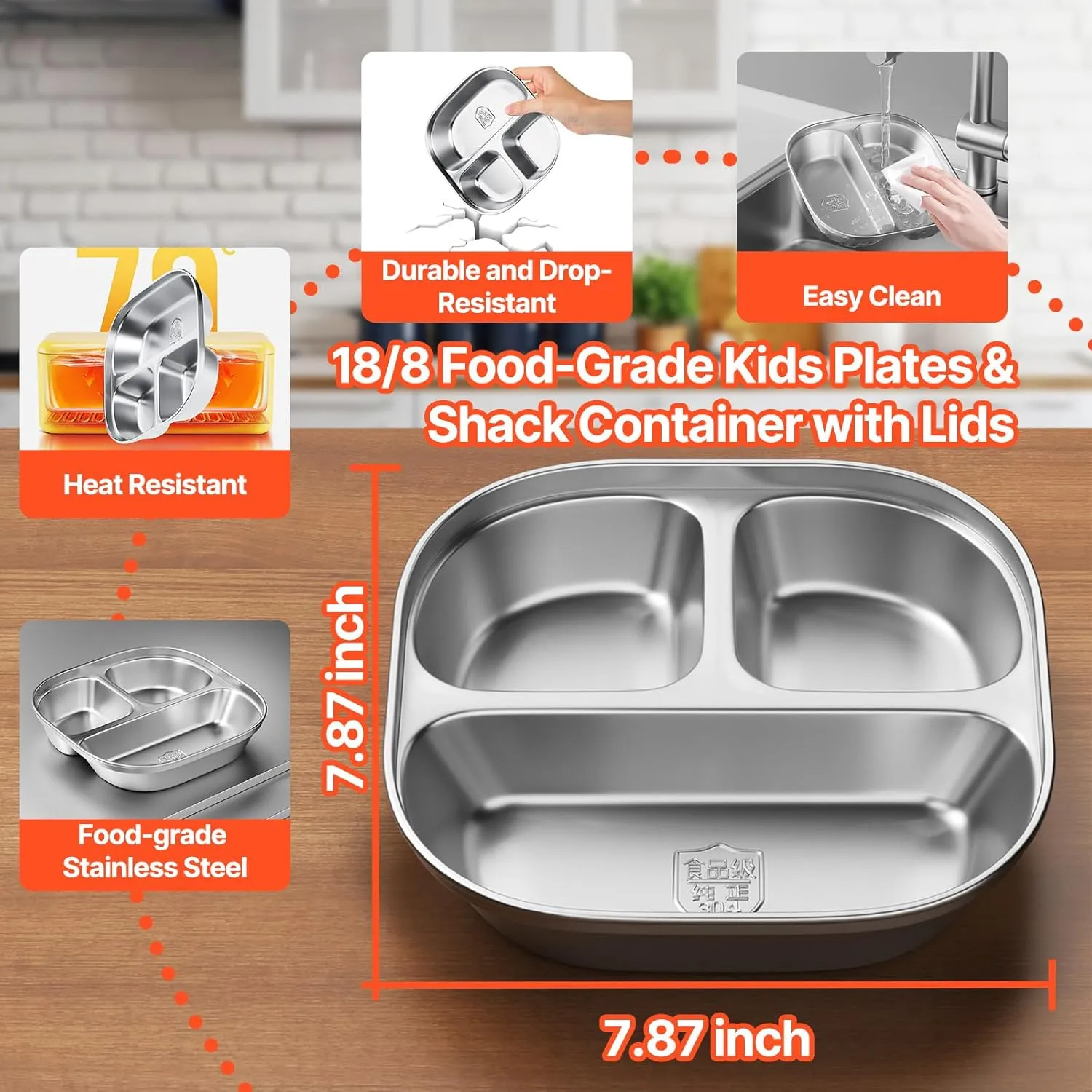 Stainless Steel Kids Plates,Set of 4 Toddler Plates with Lids - 3 Compartments Stainless Steel Snack Containers for Kids Non Toxic & 100% BPA Free