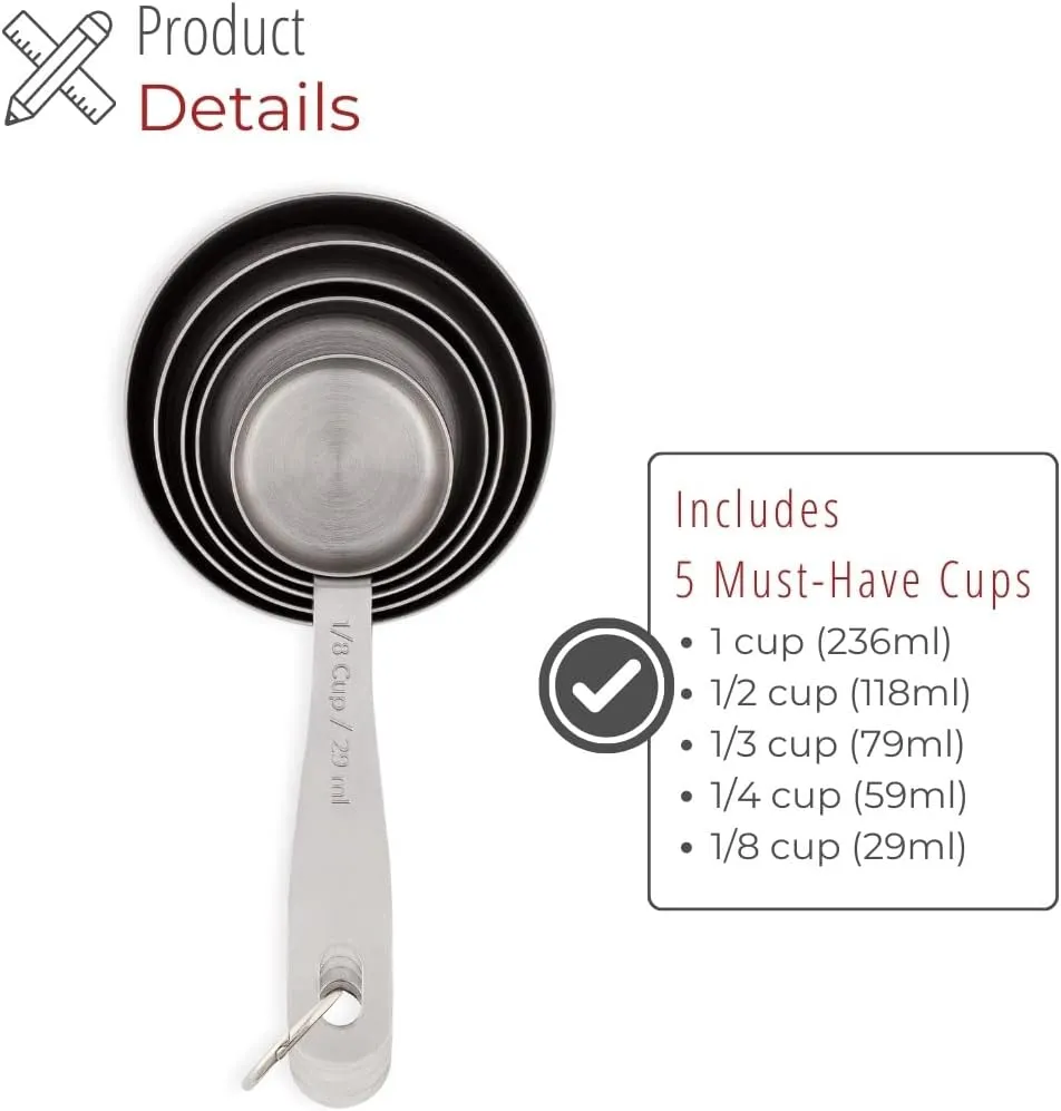Stainless Steel Measuring Cups - 5 Piece Heavy Duty Measuring Cup Set with Storage Ring