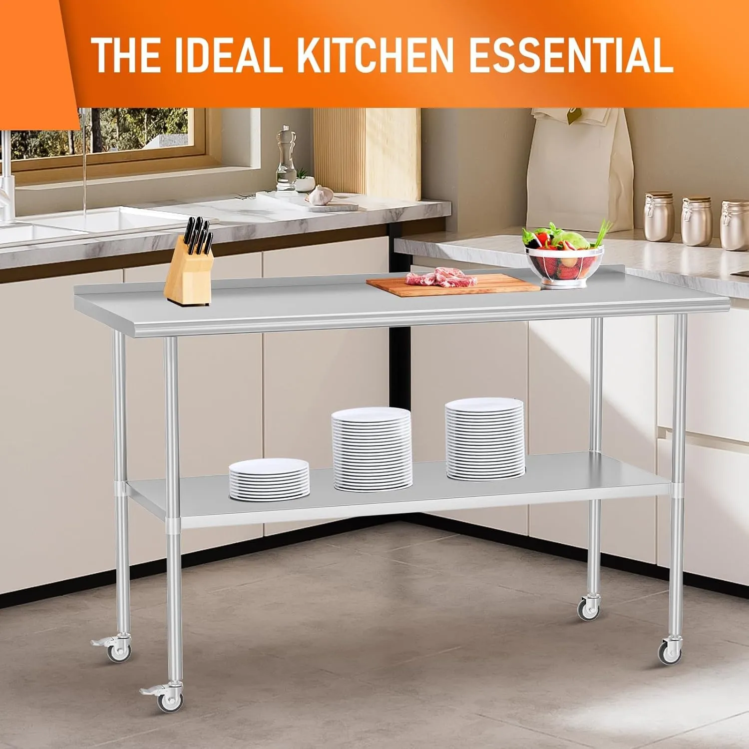 Stainless Steel Prep Table 24" X 60" with Adjustable Undershelf, Backsplash and Wheels, Commercial Metal Workstations for Kitchen, Garage, Outdoor BBQ
