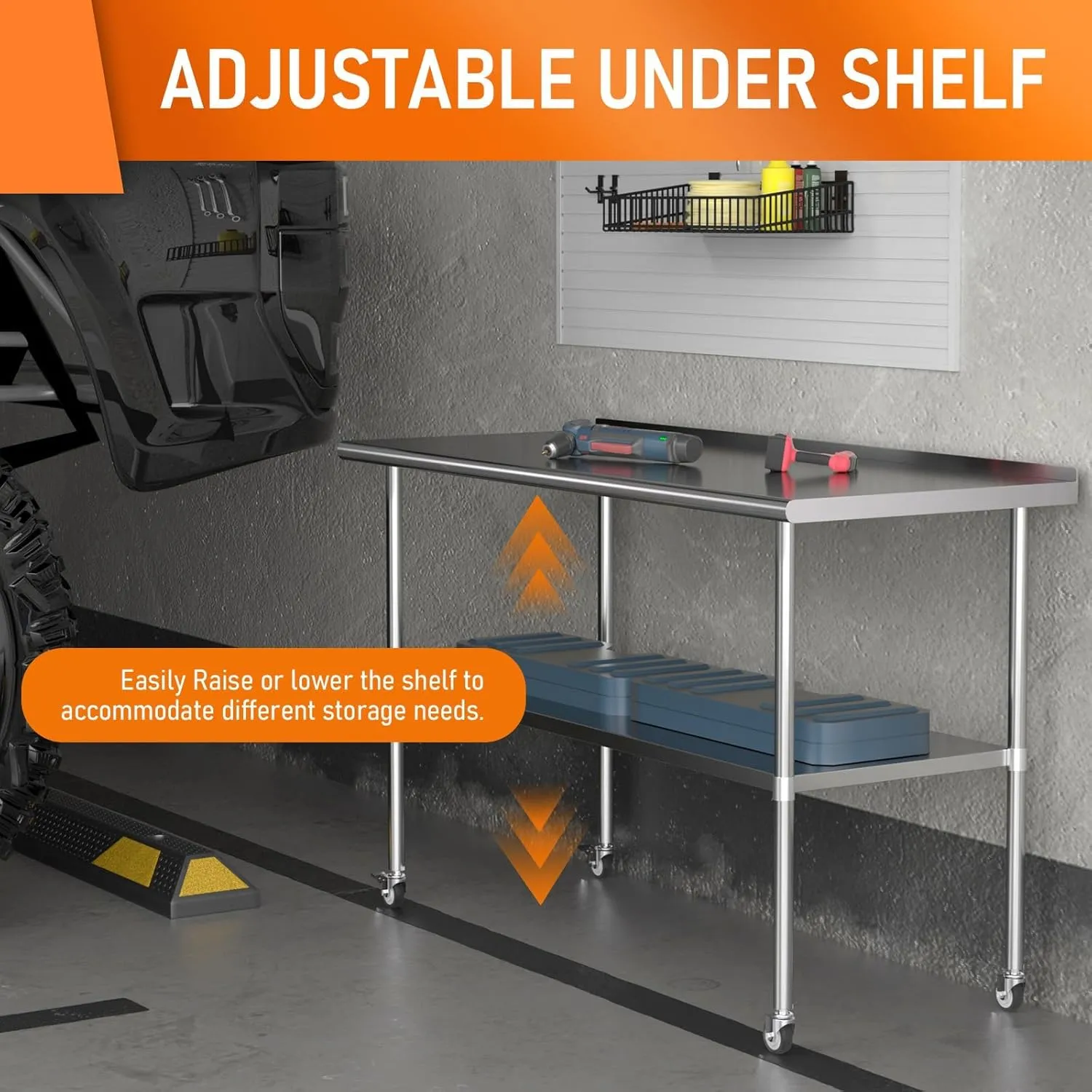 Stainless Steel Prep Table 24" X 60" with Adjustable Undershelf, Backsplash and Wheels, Commercial Metal Workstations for Kitchen, Garage, Outdoor BBQ