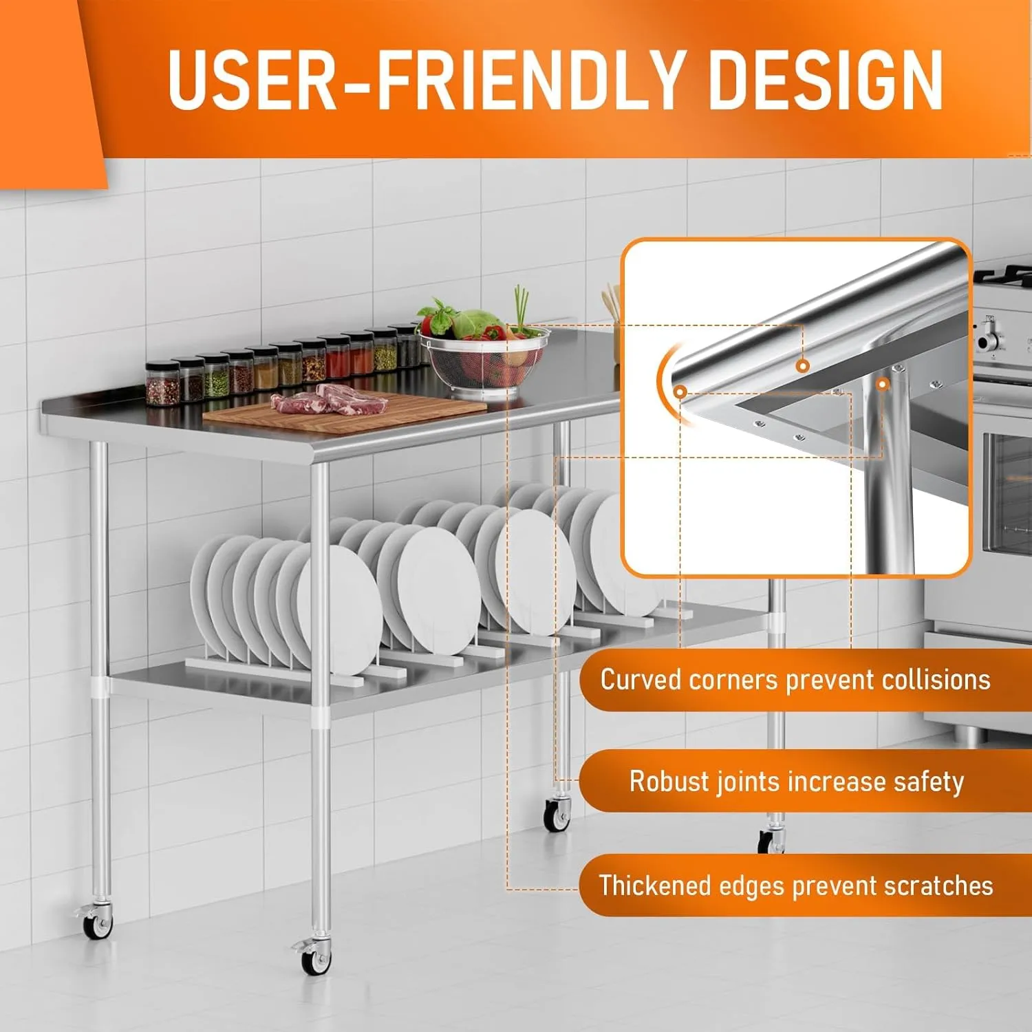 Stainless Steel Prep Table 24" X 60" with Adjustable Undershelf, Backsplash and Wheels, Commercial Metal Workstations for Kitchen, Garage, Outdoor BBQ