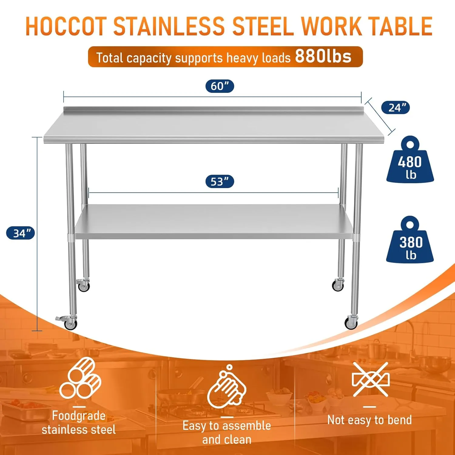 Stainless Steel Prep Table 24" X 60" with Adjustable Undershelf, Backsplash and Wheels, Commercial Metal Workstations for Kitchen, Garage, Outdoor BBQ
