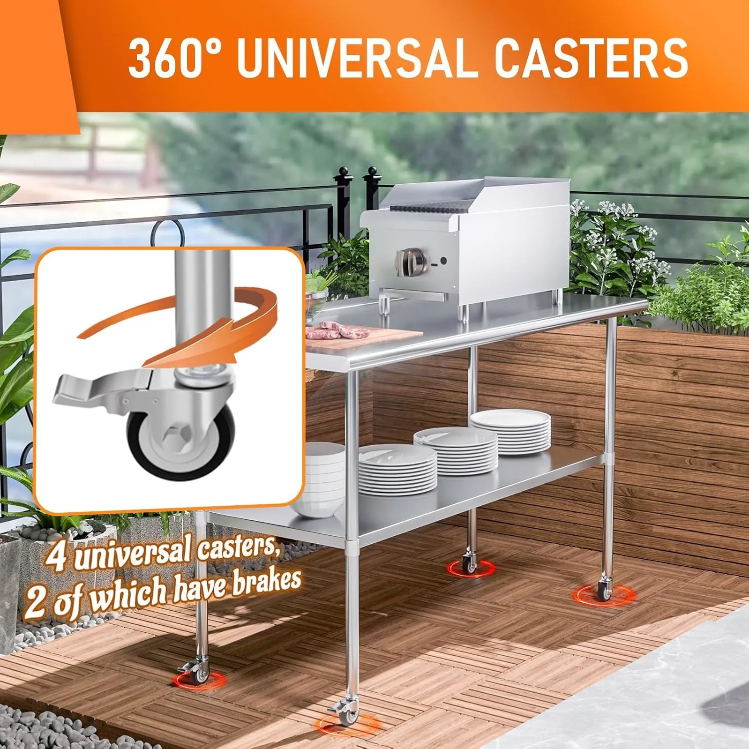 Stainless Steel Prep Table 24" X 60" with Adjustable Undershelf, Backsplash and Wheels, Commercial Metal Workstations for Kitchen, Garage, Outdoor BBQ