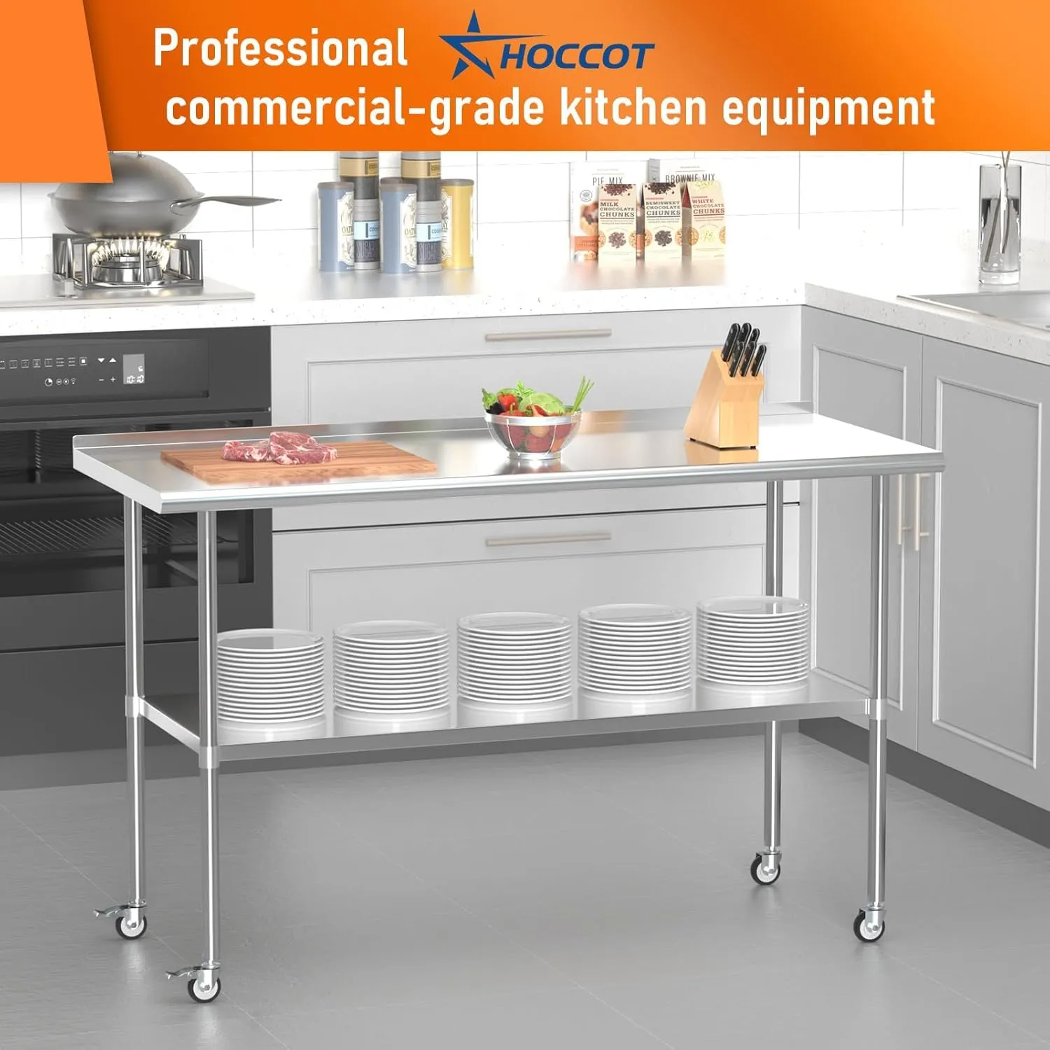 Stainless Steel Prep Table 24" X 60" with Adjustable Undershelf, Backsplash and Wheels, Commercial Metal Workstations for Kitchen, Garage, Outdoor BBQ