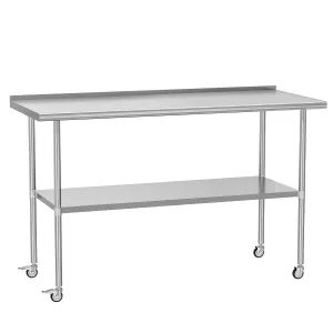 Stainless Steel Prep Table 24" X 60" with Adjustable Undershelf, Backsplash and Wheels, Commercial Metal Workstations for Kitchen, Garage, Outdoor BBQ