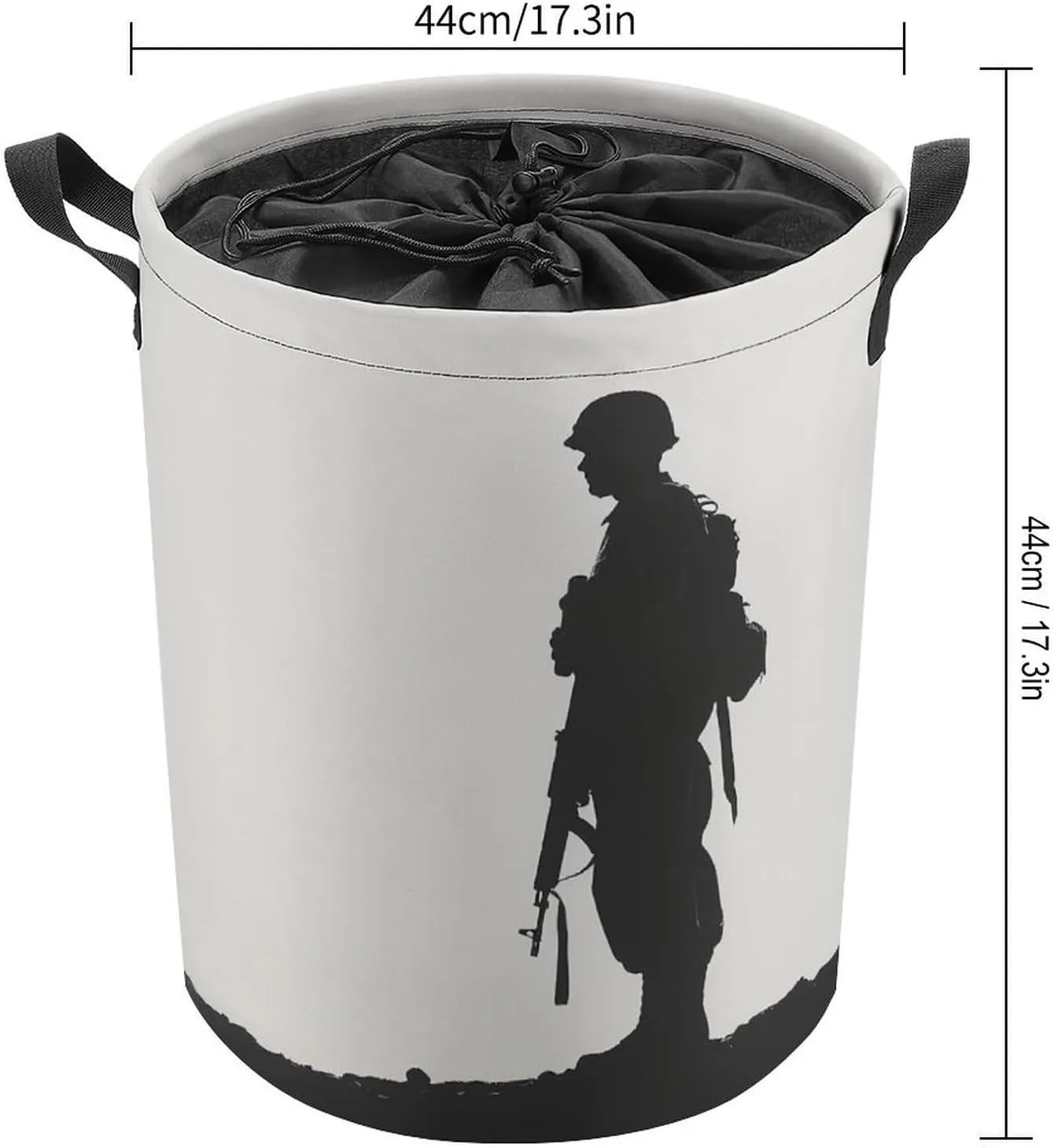 Standing Soldier Silhouette Laundry Basket Black And White Laundry Hamper Round Collapsible Drawstring Clothes Hamper for Bedroom Bathroom