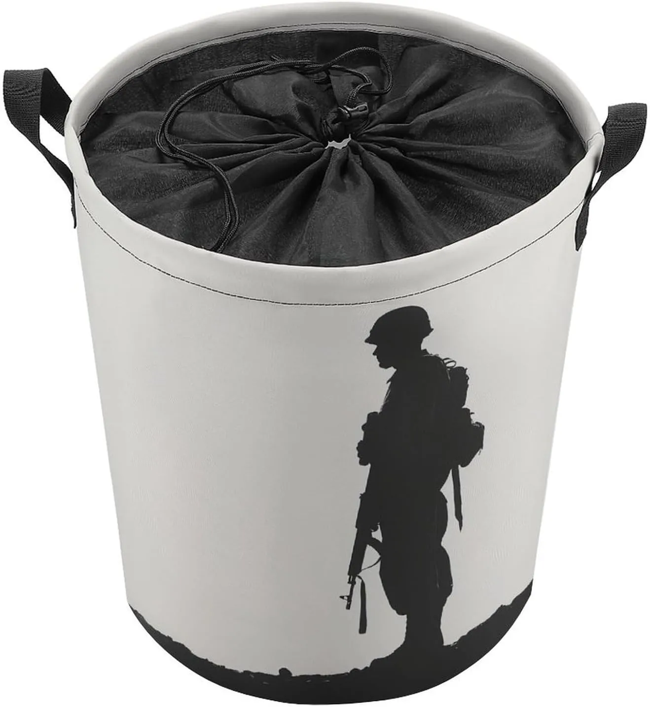 Standing Soldier Silhouette Laundry Basket Black And White Laundry Hamper Round Collapsible Drawstring Clothes Hamper for Bedroom Bathroom