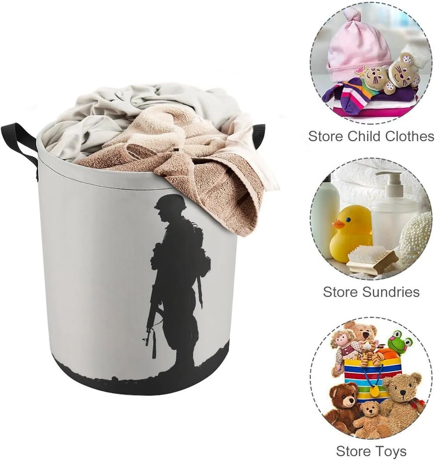 Standing Soldier Silhouette Laundry Basket Black And White Laundry Hamper Round Collapsible Drawstring Clothes Hamper for Bedroom Bathroom