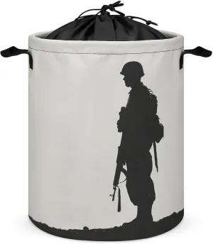 Standing Soldier Silhouette Laundry Basket Black And White Laundry Hamper Round Collapsible Drawstring Clothes Hamper for Bedroom Bathroom