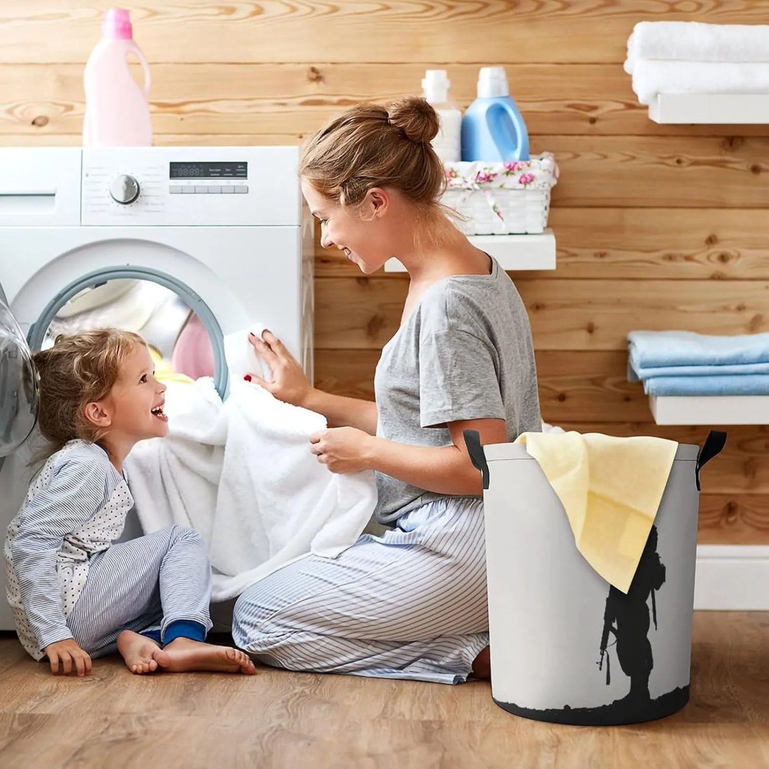 Standing Soldier Silhouette Laundry Basket Black And White Laundry Hamper Round Collapsible Drawstring Clothes Hamper for Bedroom Bathroom