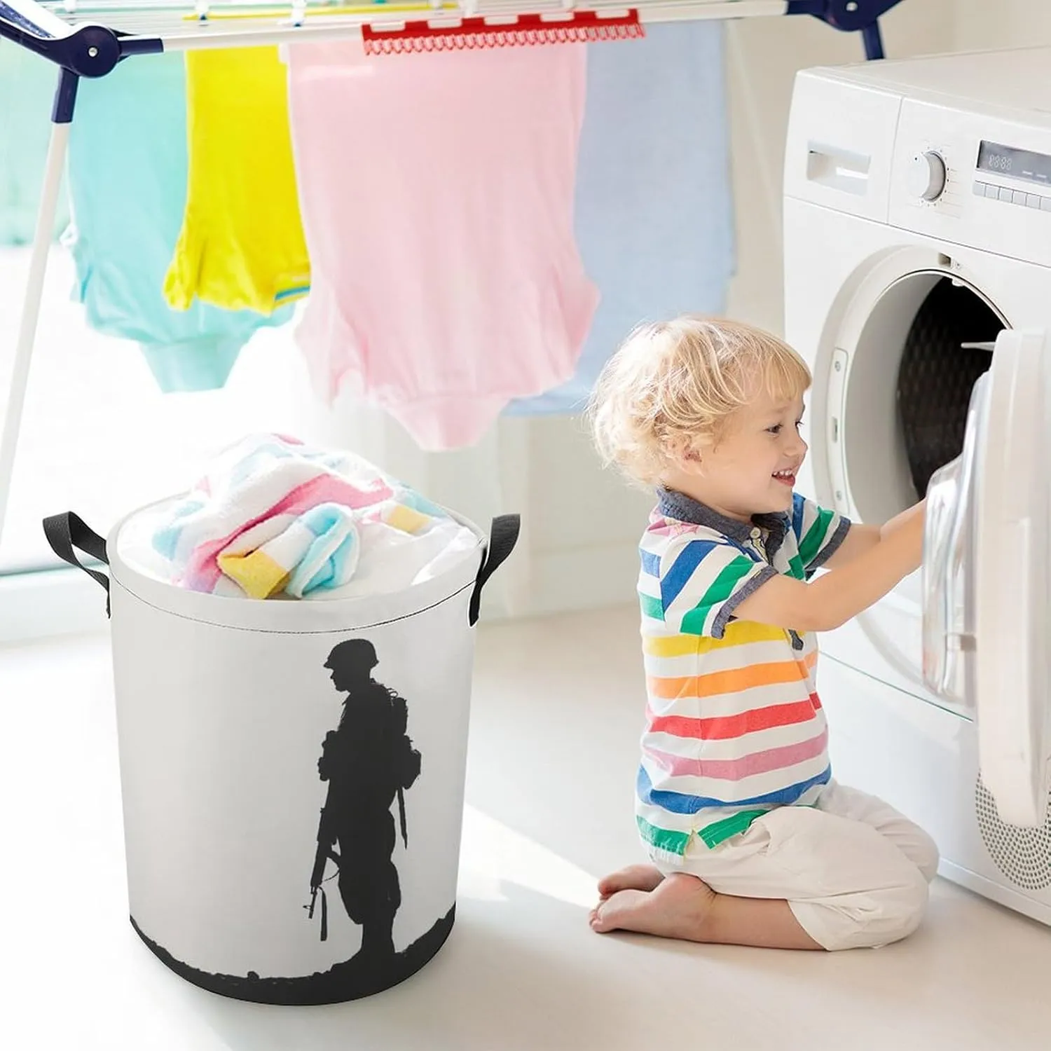Standing Soldier Silhouette Laundry Basket Black And White Laundry Hamper Round Collapsible Drawstring Clothes Hamper for Bedroom Bathroom