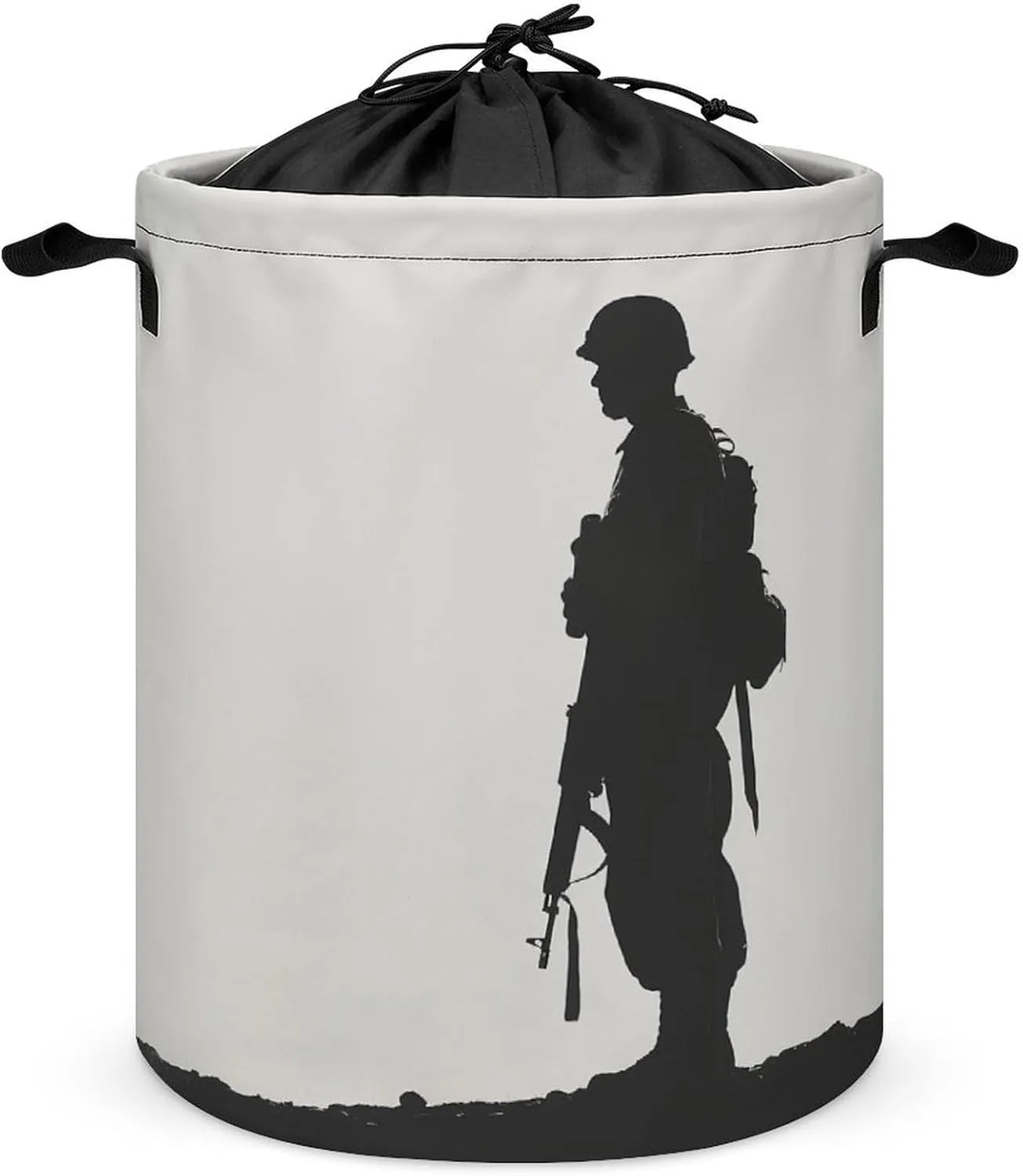 Standing Soldier Silhouette Laundry Basket Black And White Laundry Hamper Round Collapsible Drawstring Clothes Hamper for Bedroom Bathroom