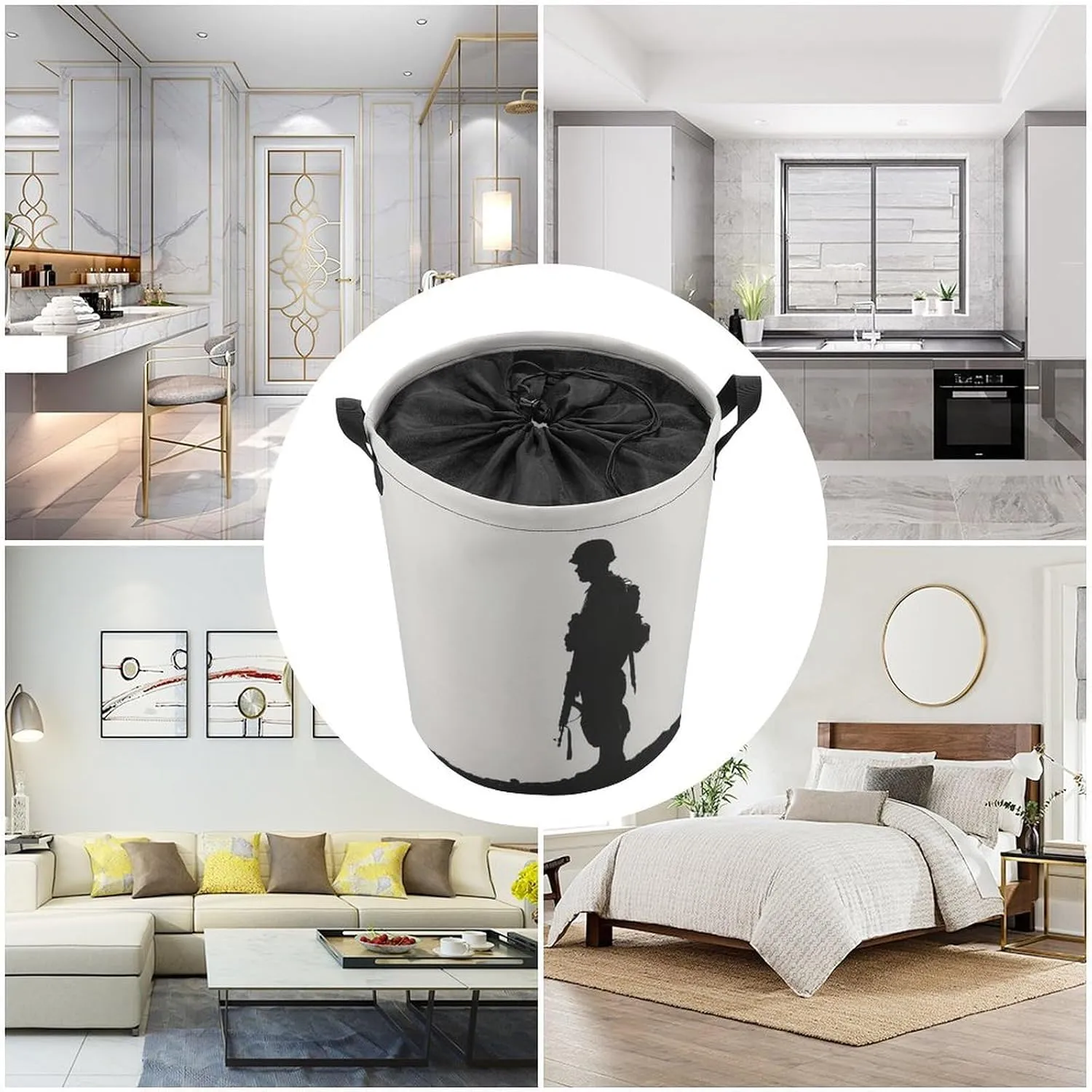Standing Soldier Silhouette Laundry Basket Black And White Laundry Hamper Round Collapsible Drawstring Clothes Hamper for Bedroom Bathroom