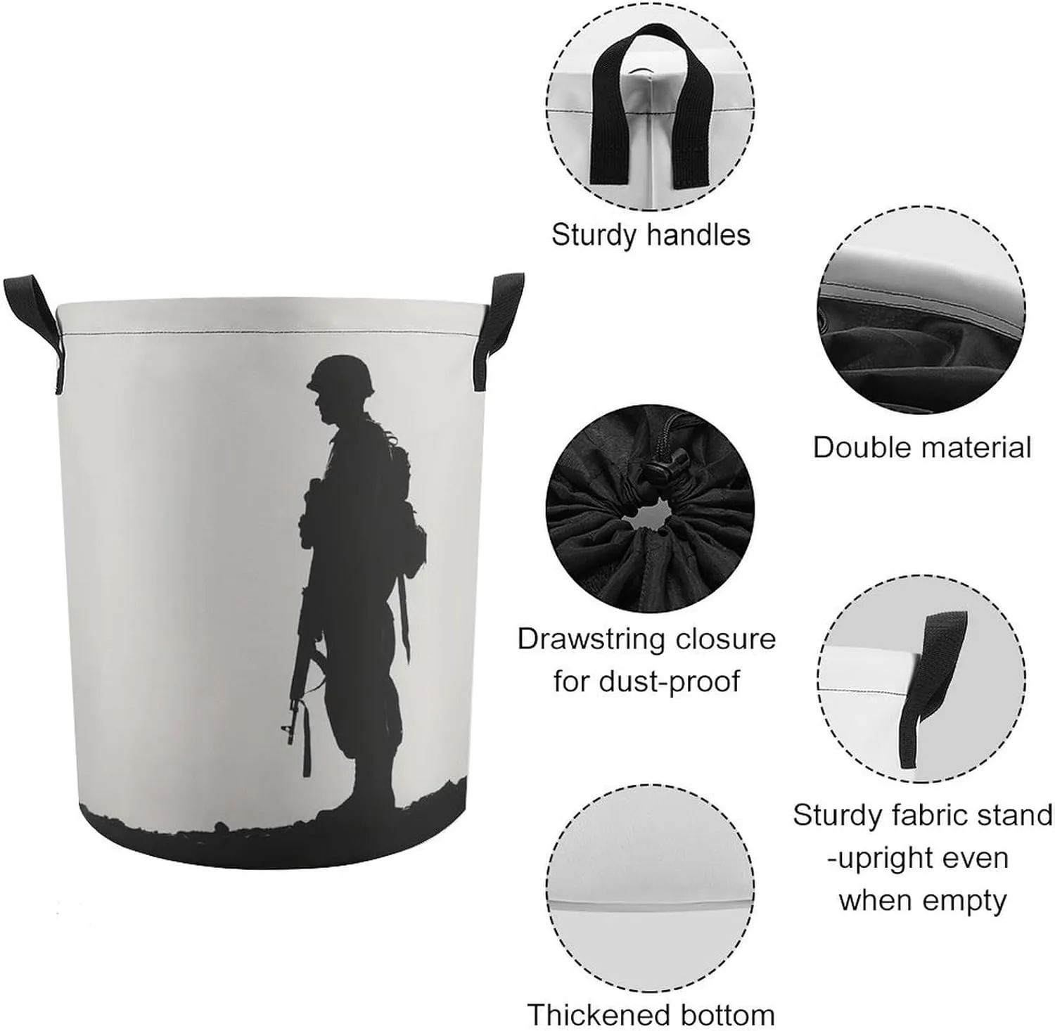 Standing Soldier Silhouette Laundry Basket Black And White Laundry Hamper Round Collapsible Drawstring Clothes Hamper for Bedroom Bathroom
