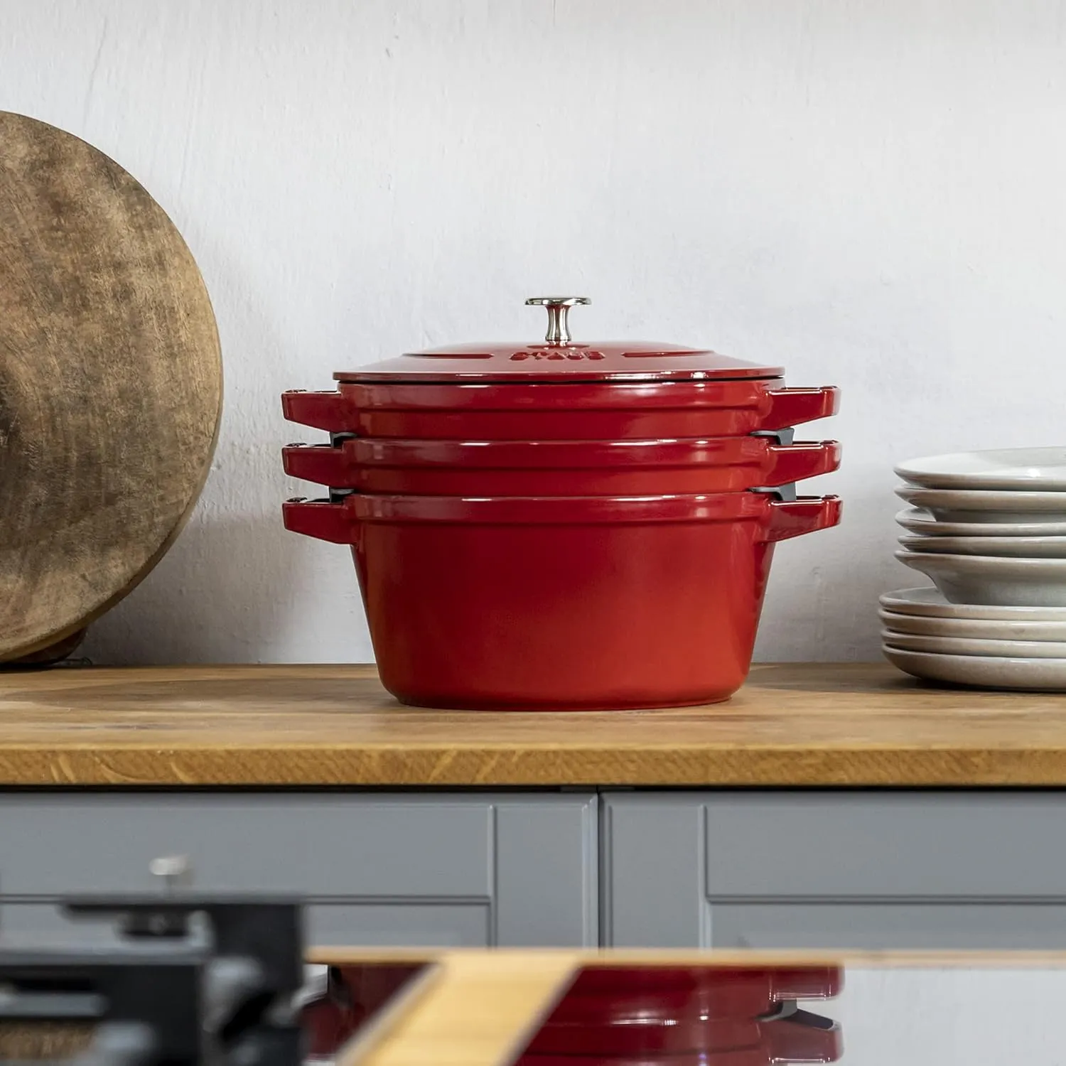 STAUB Cast Iron Set 4-pc, Stackable Space-Saving Cookware Set, Dutch Oven, Skillet, Grill Pan with Universal Lid, Made in France, Cherry