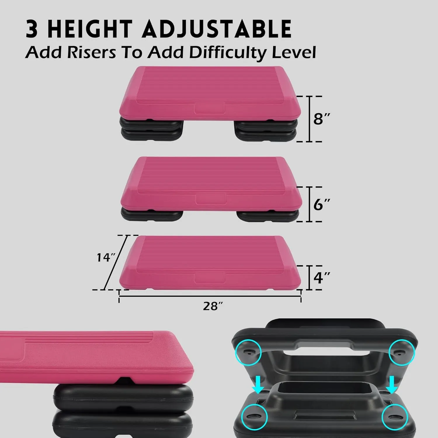 Step Aerobic Platform with 4 Stackable Risers Exercise Step Adjustable Height 4"-6''-8'', Fitness Training Workout Stepper for Home Gym, Cardio Strength, Multiple Options