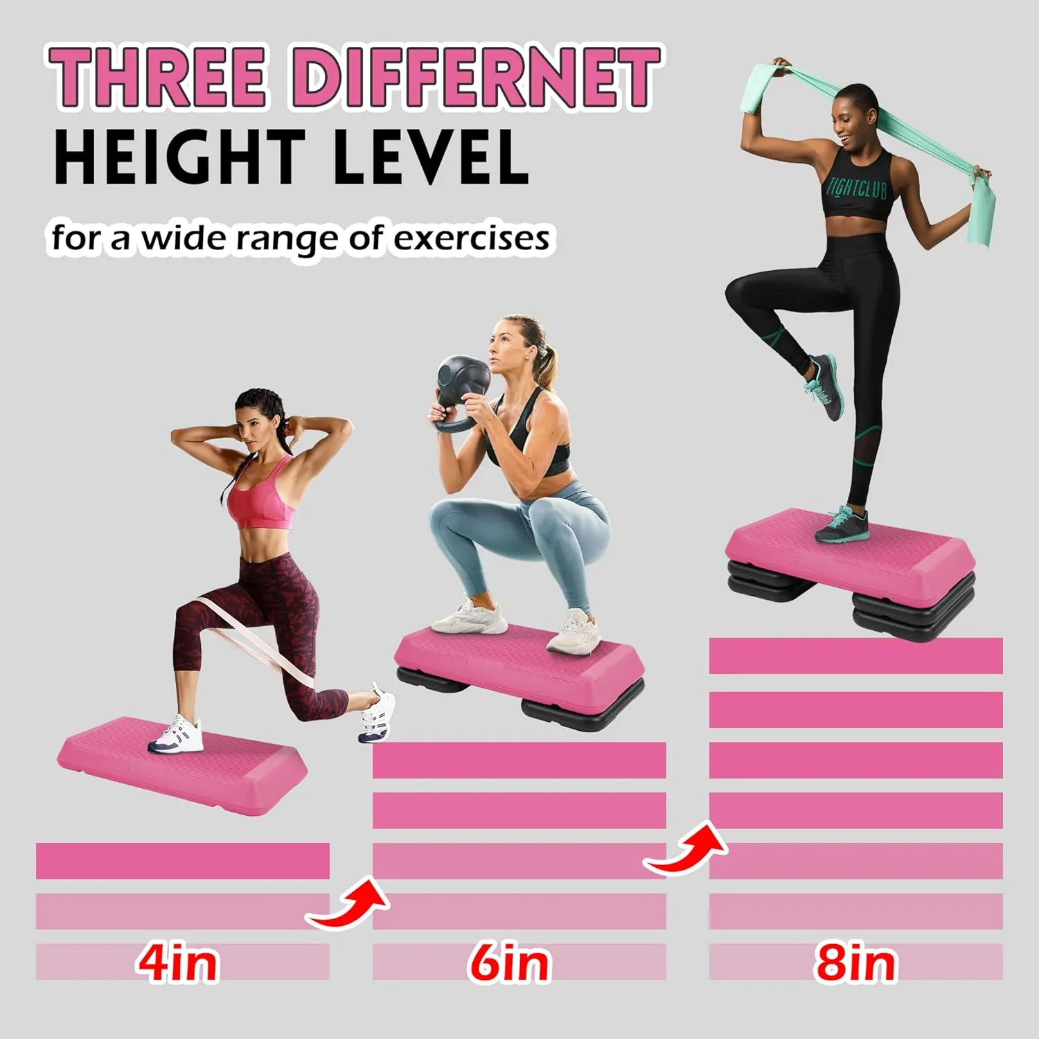 Step Aerobic Platform with 4 Stackable Risers Exercise Step Adjustable Height 4"-6''-8'', Fitness Training Workout Stepper for Home Gym, Cardio Strength, Multiple Options