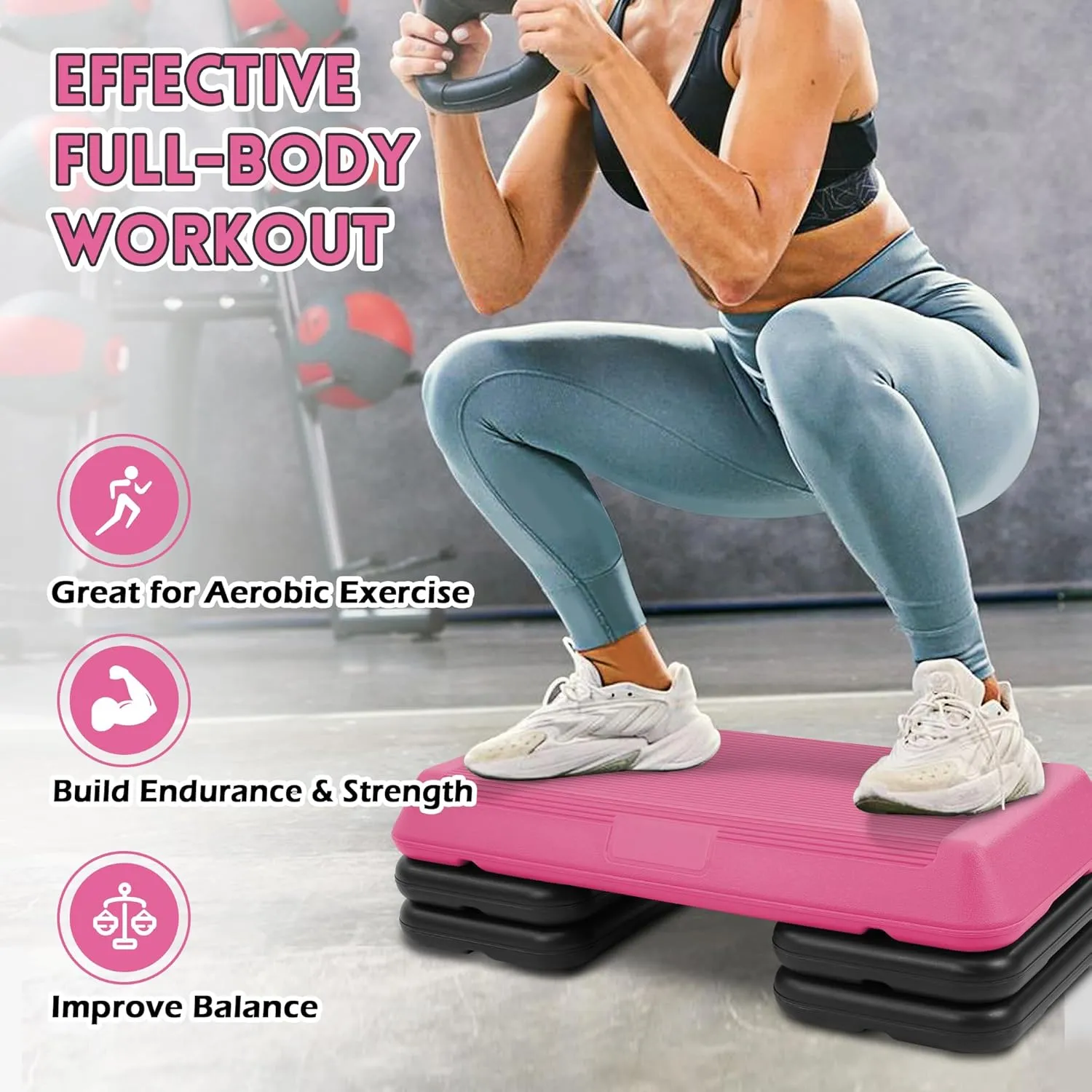 Step Aerobic Platform with 4 Stackable Risers Exercise Step Adjustable Height 4"-6''-8'', Fitness Training Workout Stepper for Home Gym, Cardio Strength, Multiple Options