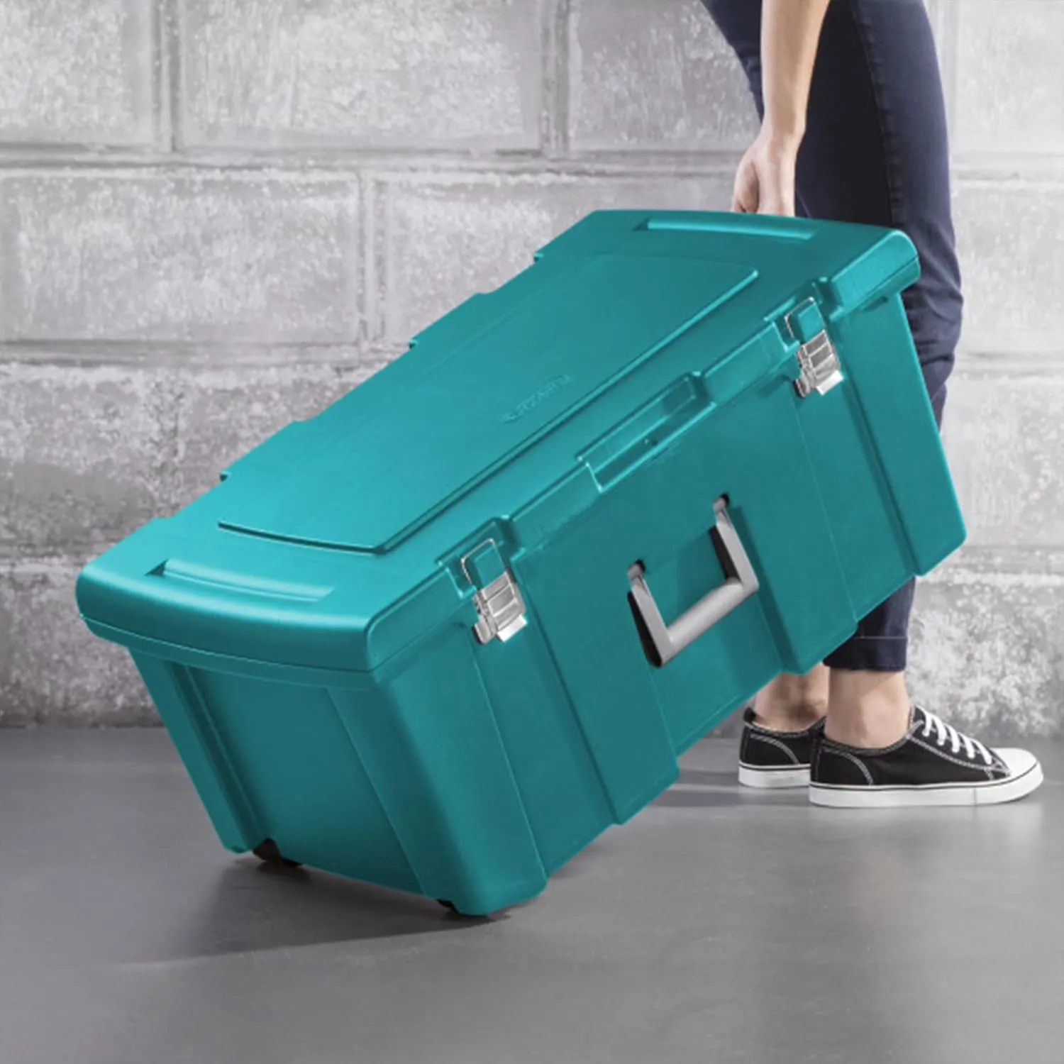 Sterilite 2-Pack Footlocker, Lockable Plastic Utility Storage Container Box, Teal - Heavy-Duty Organizing Containers for Home, Garage, Office, and Basement