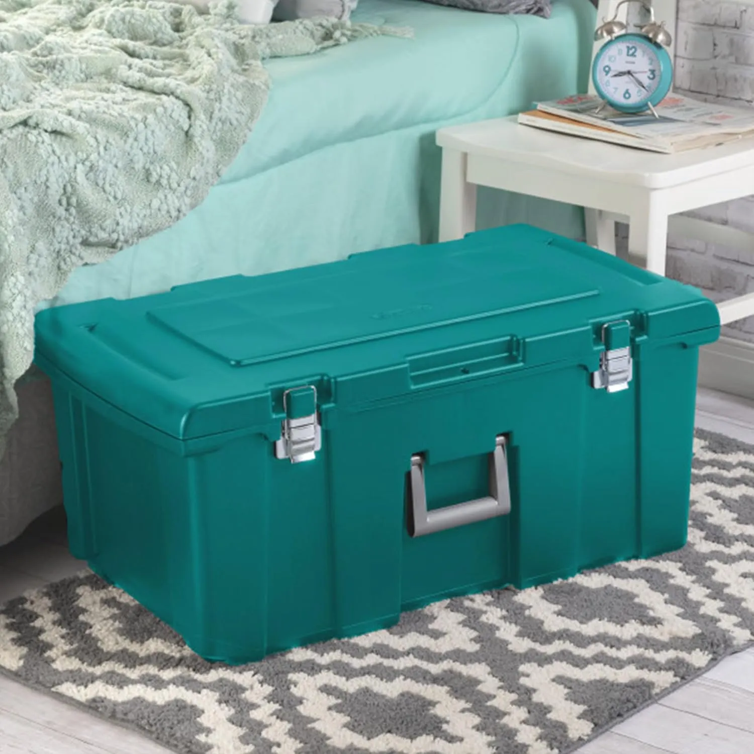 Sterilite 2-Pack Footlocker, Lockable Plastic Utility Storage Container Box, Teal - Heavy-Duty Organizing Containers for Home, Garage, Office, and Basement