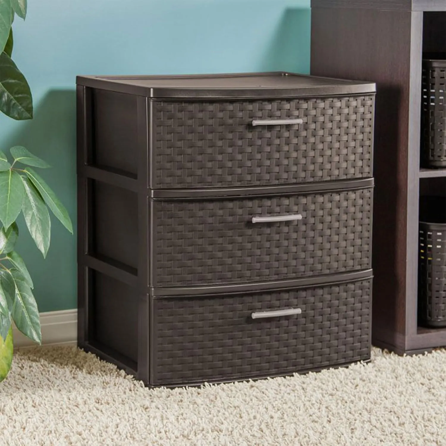 Sterilite 3 Drawer Wide Weave Storage Tower, Plastic Drawers to Organize Clothes in Bedroom, Closet, 2-Pack, Brown