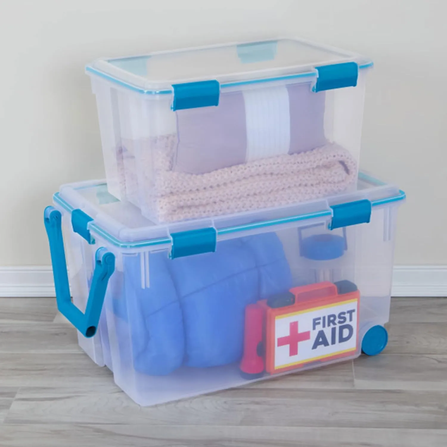 Sterilite 4 Pack Gasket Box, Stackable Storage Bin with Latching Lid, 54 Quart
