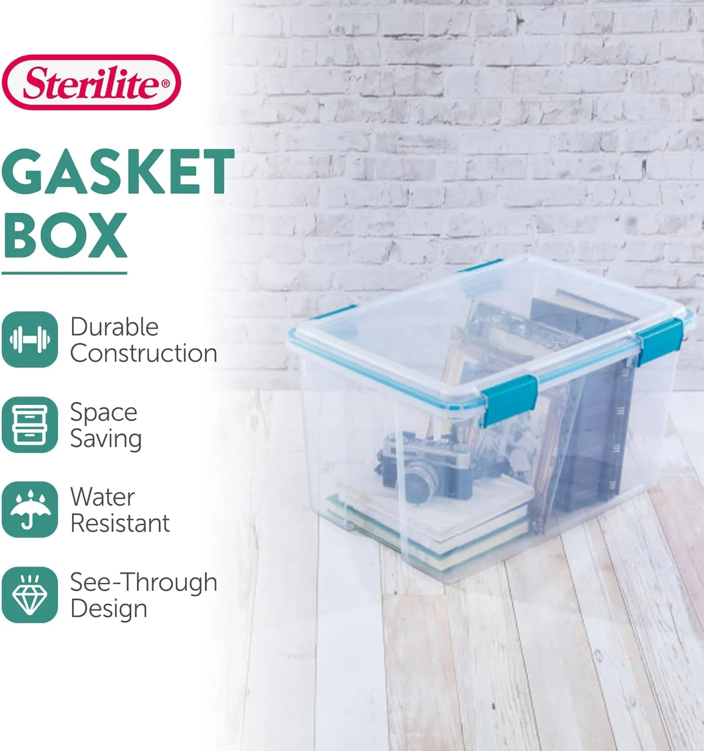 Sterilite 4 Pack Gasket Box, Stackable Storage Bin with Latching Lid, 54 Quart