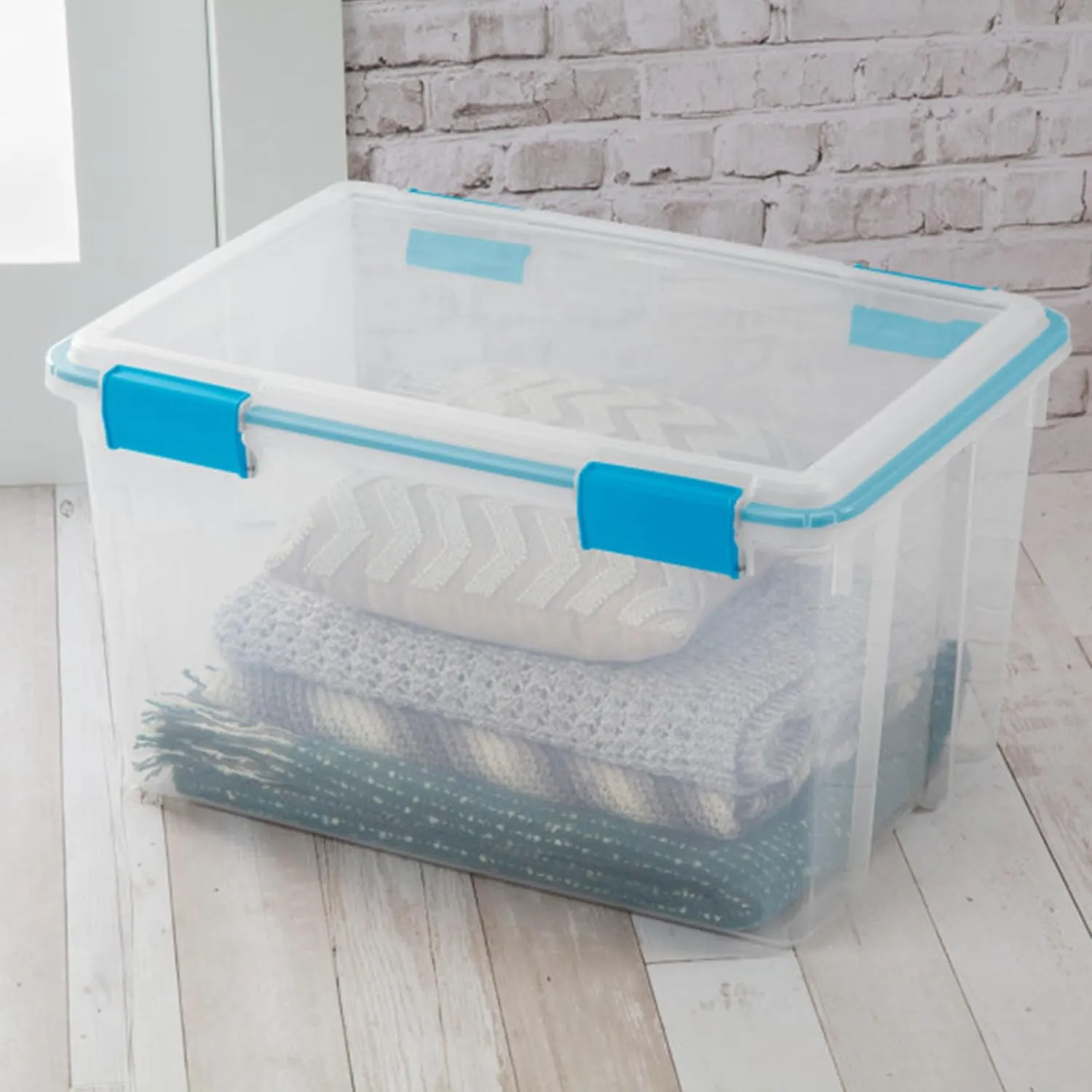 Sterilite 4 Pack Gasket Box, Stackable Storage Bin with Latching Lid, 54 Quart