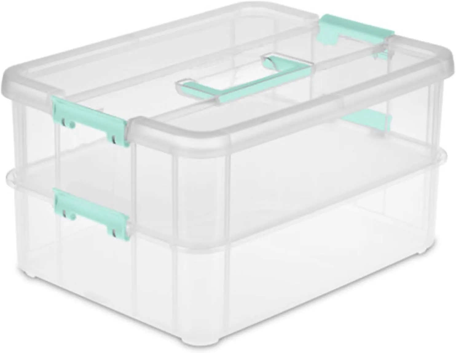 Sterilite 4 Pack Stackable Plastic Storage Bins, 2 Layers, Latching Lids, Stack and Carry, Clear