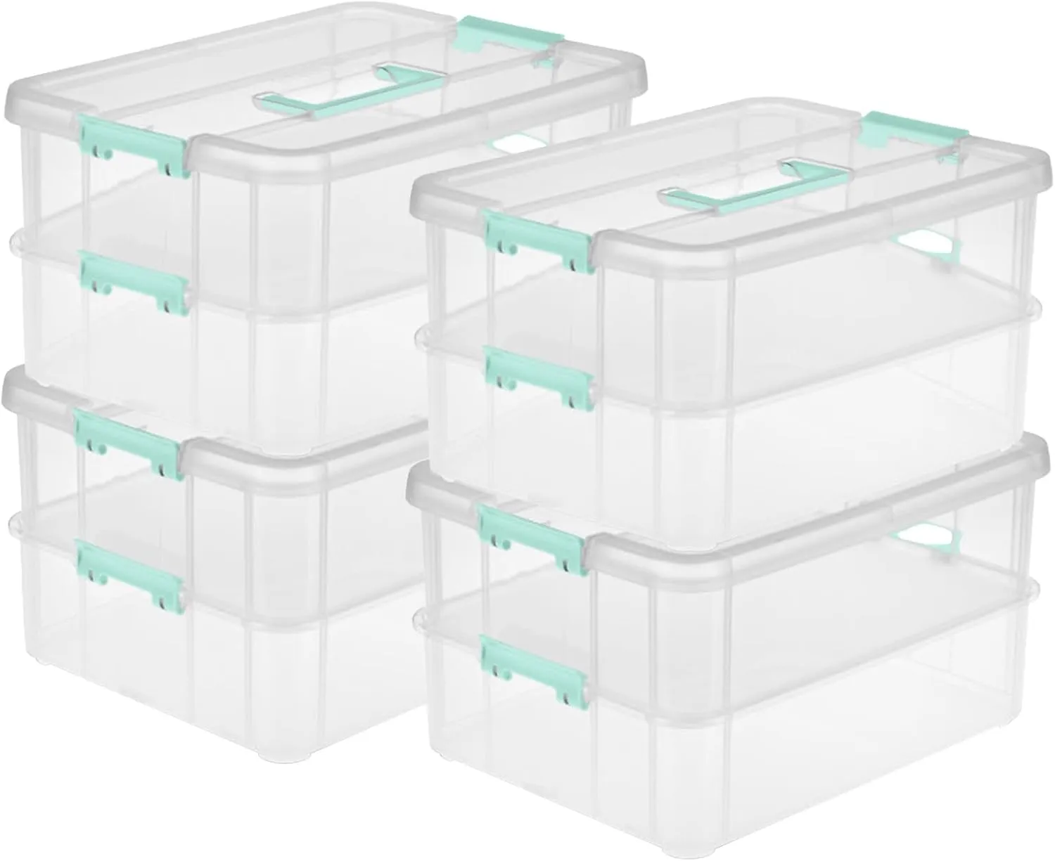 Sterilite 4 Pack Stackable Plastic Storage Bins, 2 Layers, Latching Lids, Stack and Carry, Clear