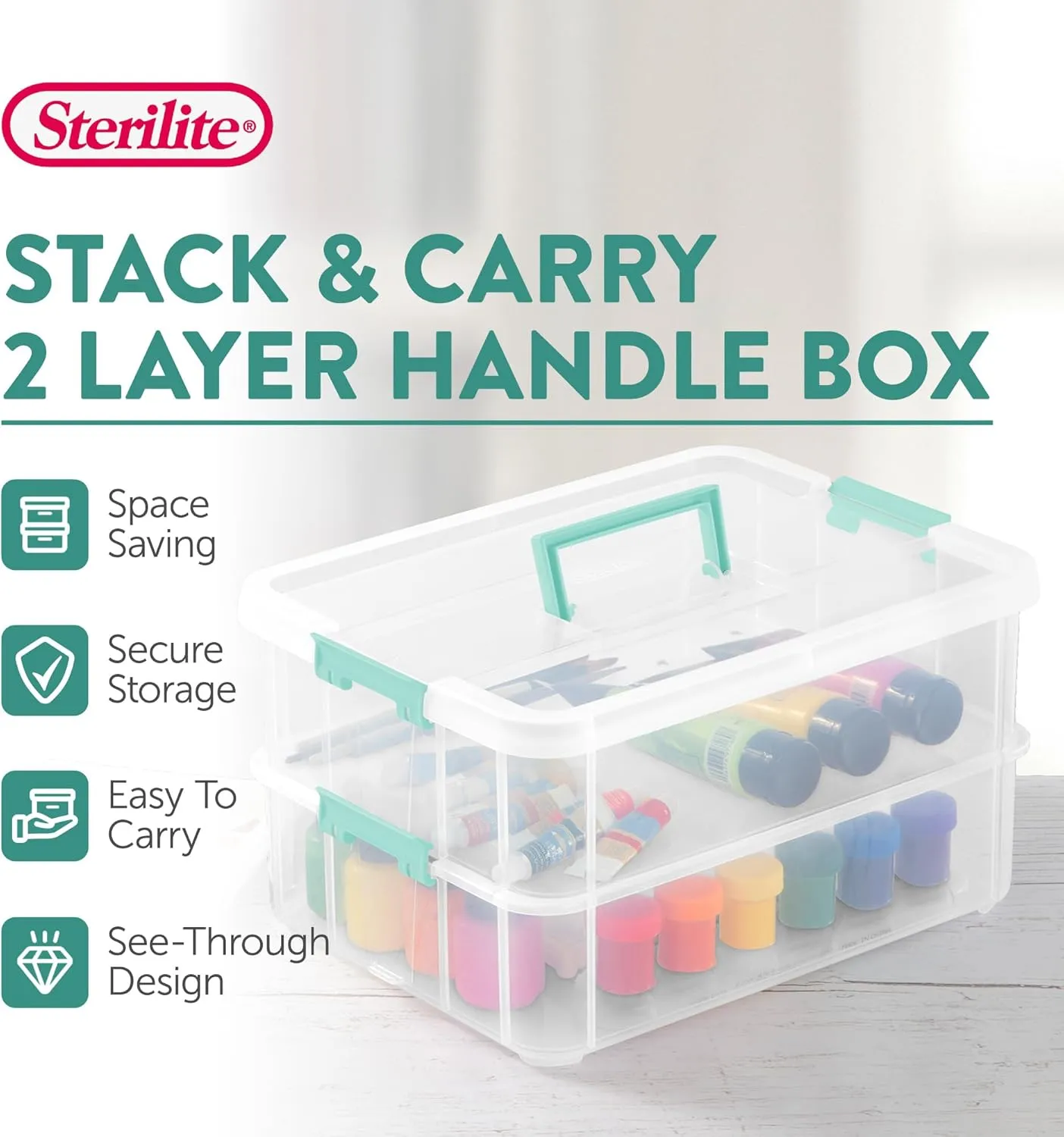 Sterilite 4 Pack Stackable Plastic Storage Bins, 2 Layers, Latching Lids, Stack and Carry, Clear