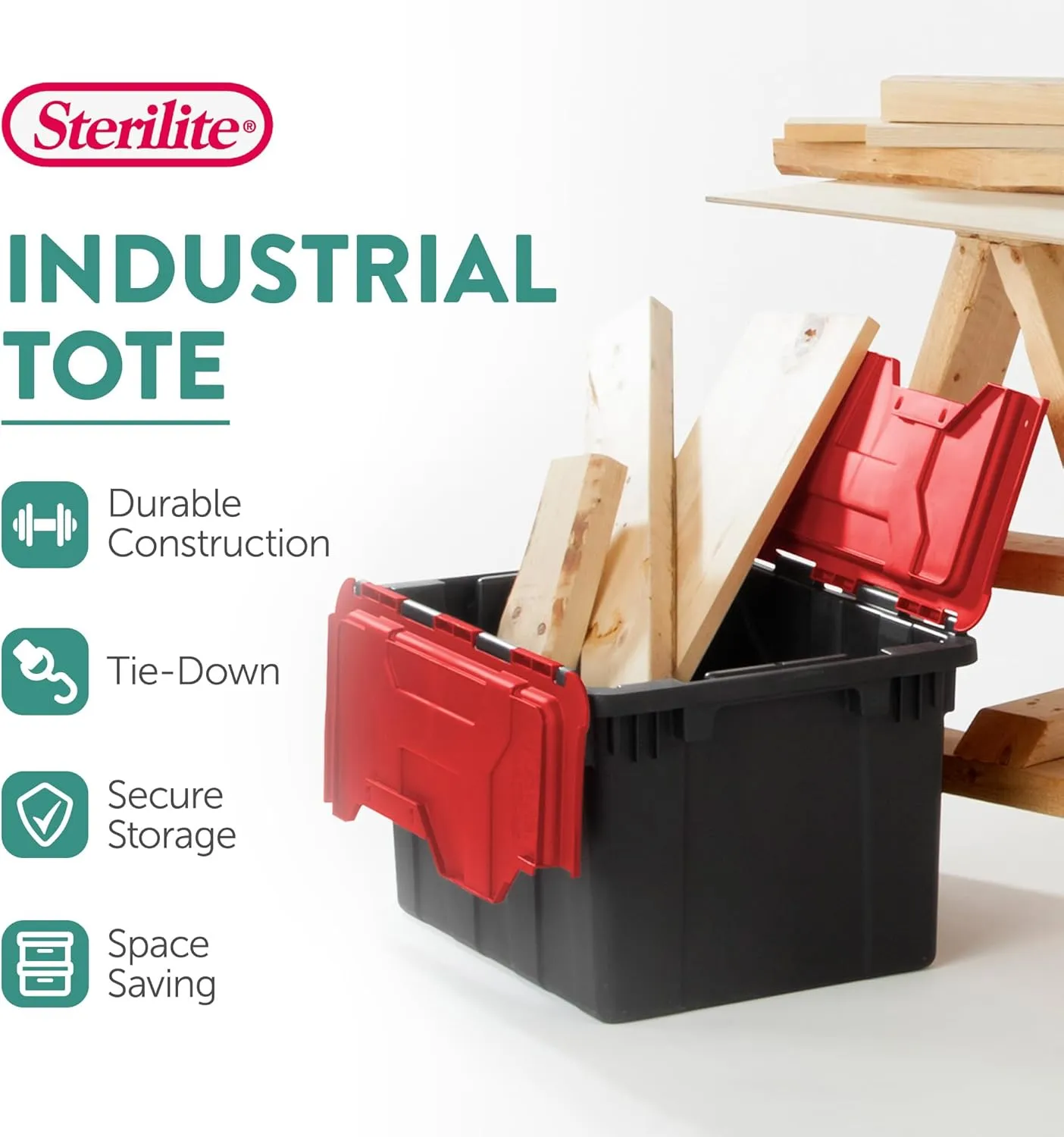 Sterilite 6 Pack Hinged Lid Industrial Totes, 12 Gal Stackable Storage Bins, Black/Red Lid