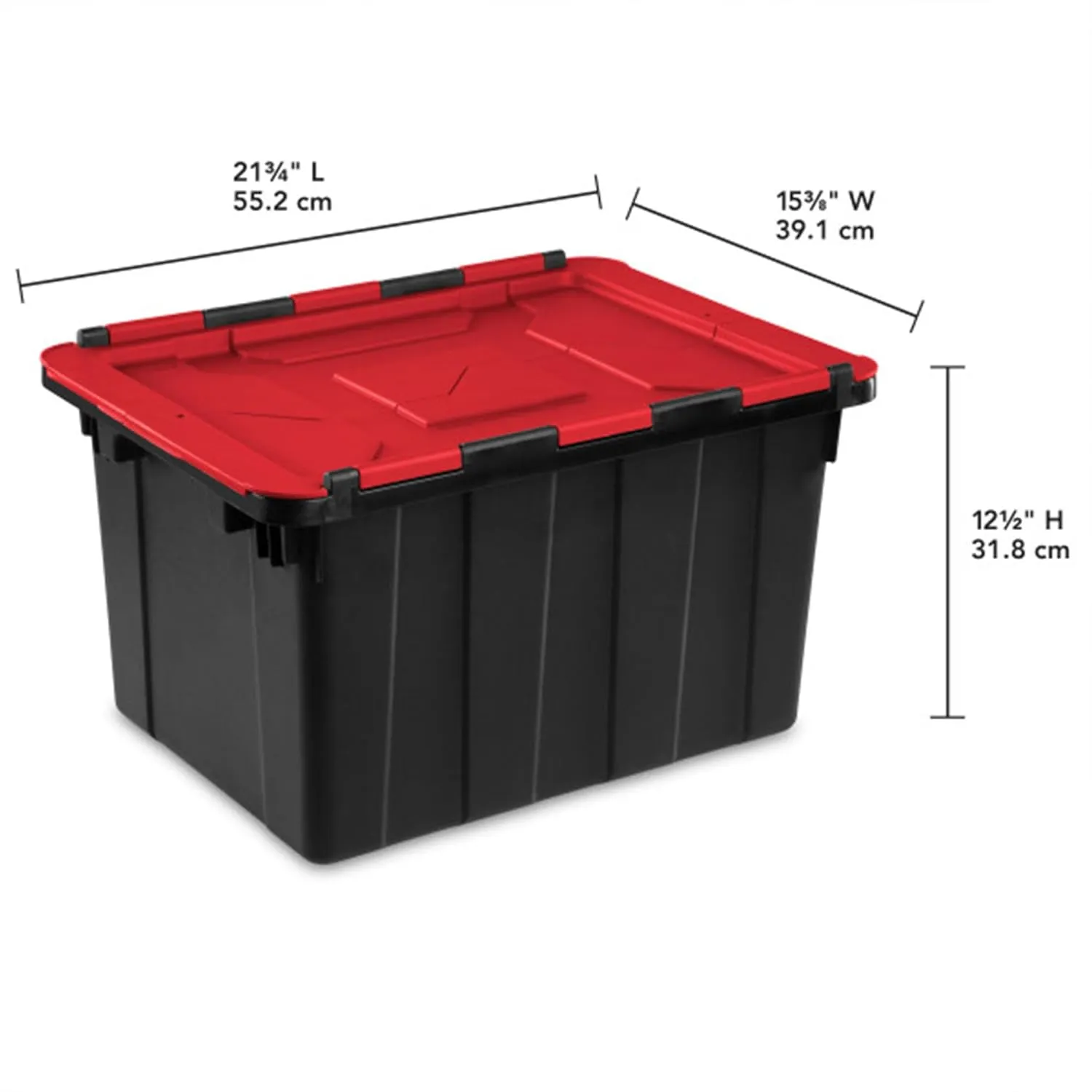Sterilite 6 Pack Hinged Lid Industrial Totes, 12 Gal Stackable Storage Bins, Black/Red Lid