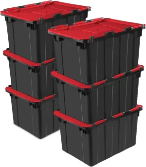 Sterilite 6 Pack Hinged Lid Industrial Totes, 12 Gal Stackable Storage Bins, Black/Red Lid