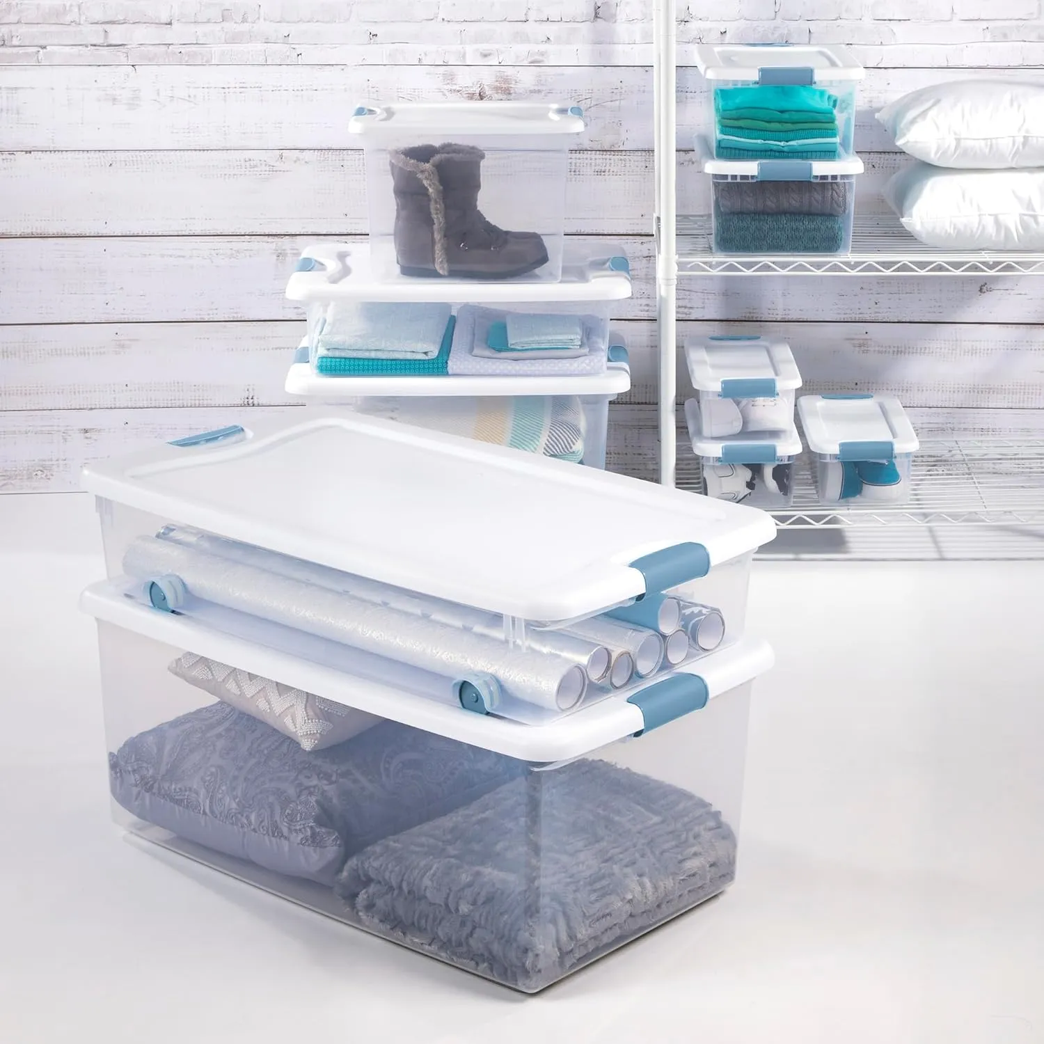 Sterilite 6-Pack Stackable Storage Bin with Lid, Clear Plastic Design, 64 Quart