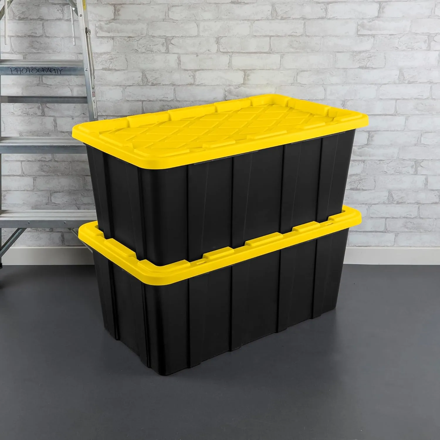 Sterilite 8-Pack Stackable Storage Bins, Heavy Duty Totes w/ Lids, 38 Gallon, Black/Yellow