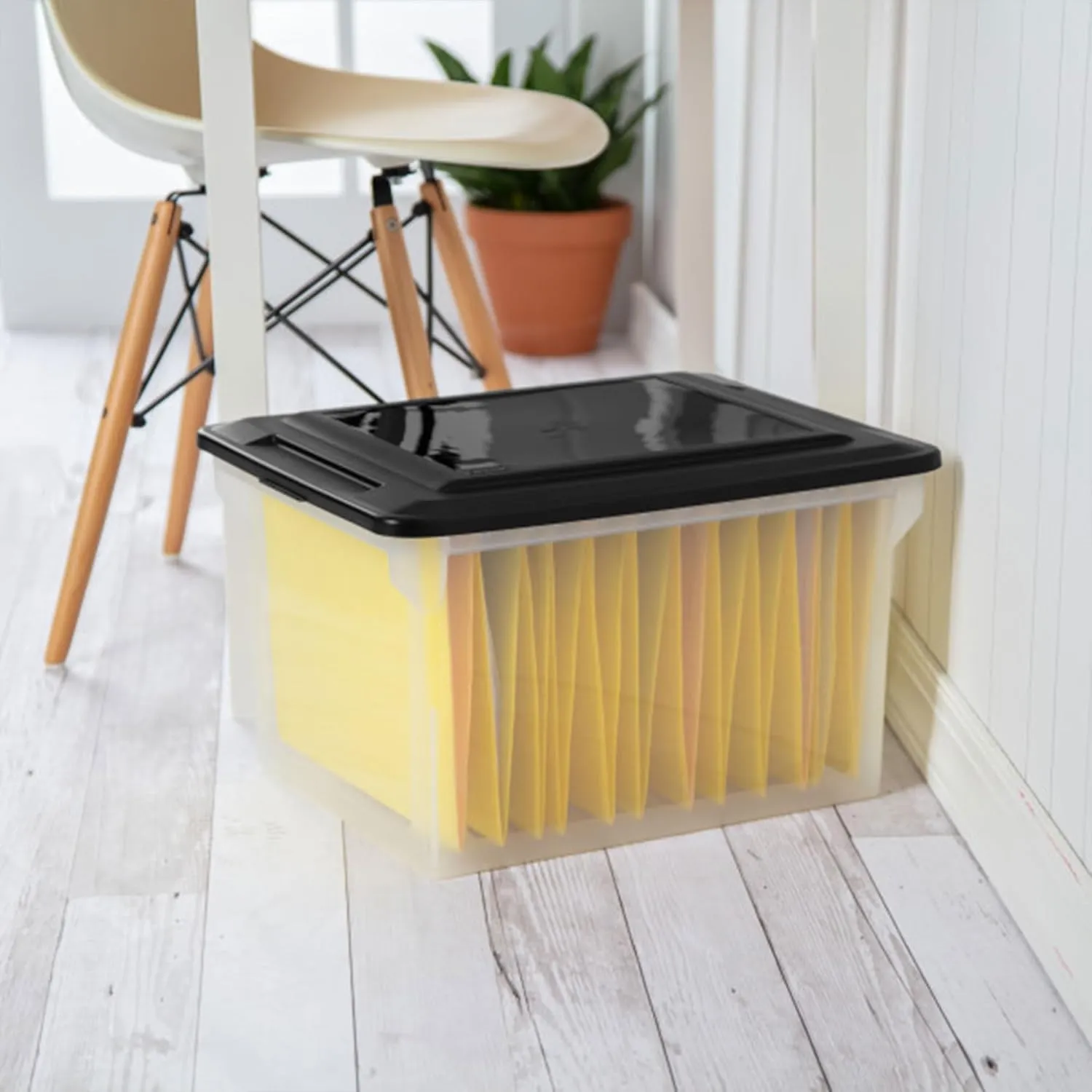 Sterilite File Box, Stackable Storage Bin with Lid, Organize Receipts, Bills, Taxes and Papers in the Home, Office, Clear Base with Black Lid, 12-Pack