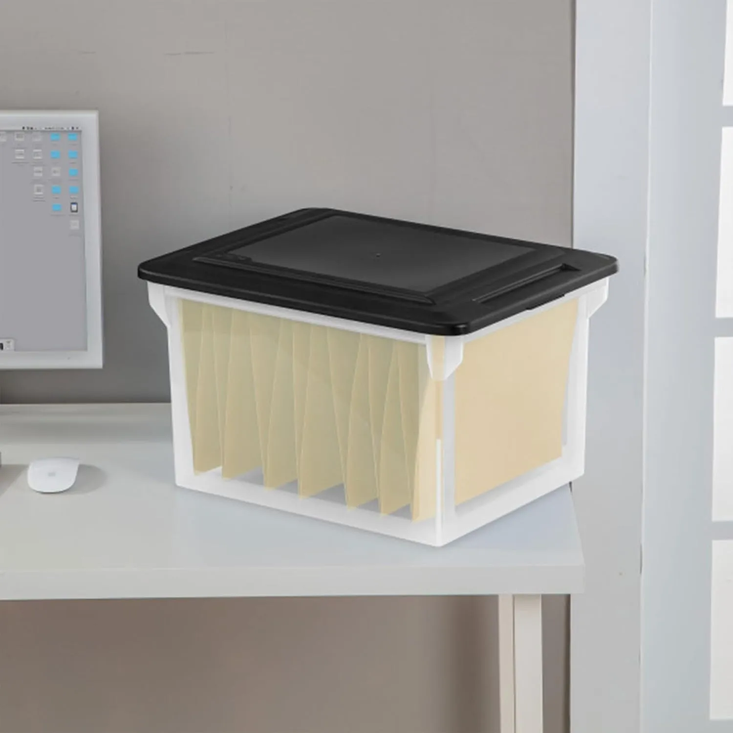 Sterilite File Box, Stackable Storage Bin with Lid, Organize Receipts, Bills, Taxes and Papers in the Home, Office, Clear Base with Black Lid, 12-Pack