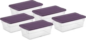 Sterilite Stackable 6 Quart Clear Home Storage Box with Handles and Purple Lid for Efficient, Space Saving Household Storage and Organization, 5 Pack