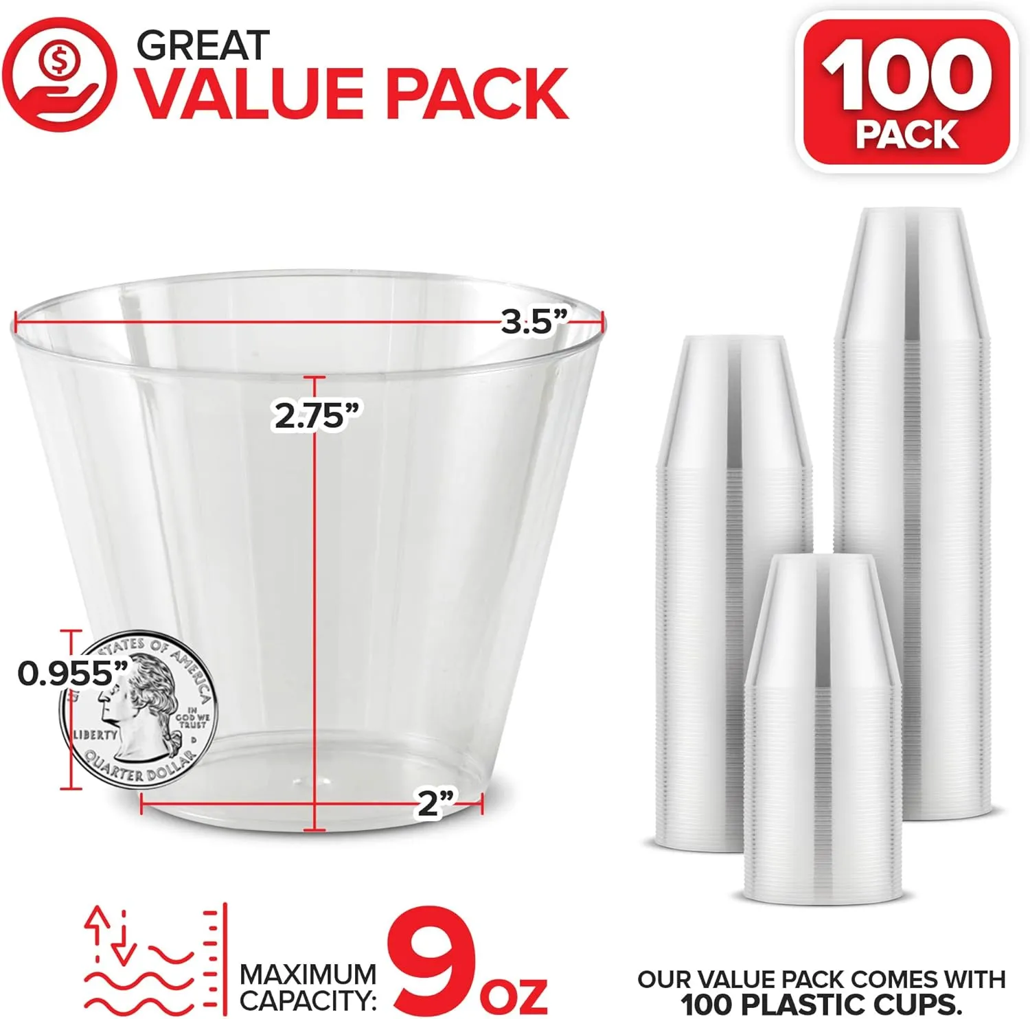 Stock Your Home 9 oz Clear Disposable Plastic Cups (100 Pack) Elegant Tumblers Glasses for Birthday Parties, Weddings, Holidays, Dessert Tumbler, Bulk Drinking Cup for Fruit Punch, Cocktails, Wine