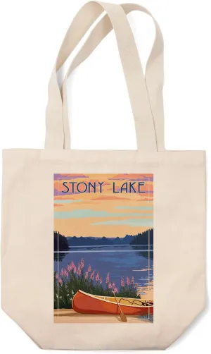 Stony Lake, Michigan, Canoe and Lake (100% Cotton Canvas Reusable Tote Bag)