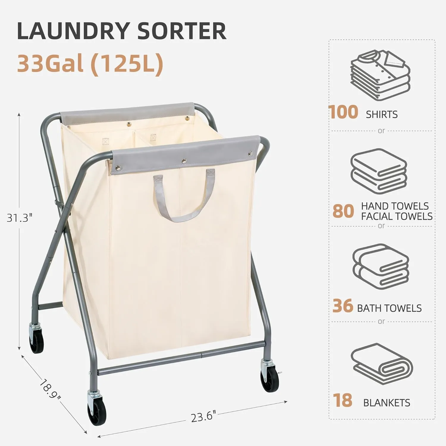STORAGE MANIAC 125L Laundry Hamper with Wheels, Rolling Laundry Basket, Heavy Duty Laundry Sorter with Removable Bag, Folding X Frame Laundry Organizer Cart for Easy to Store, 2 Section