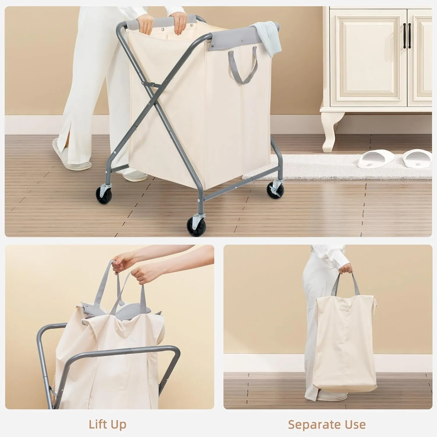 STORAGE MANIAC 125L Laundry Hamper with Wheels, Rolling Laundry Basket, Heavy Duty Laundry Sorter with Removable Bag, Folding X Frame Laundry Organizer Cart for Easy to Store, 2 Section