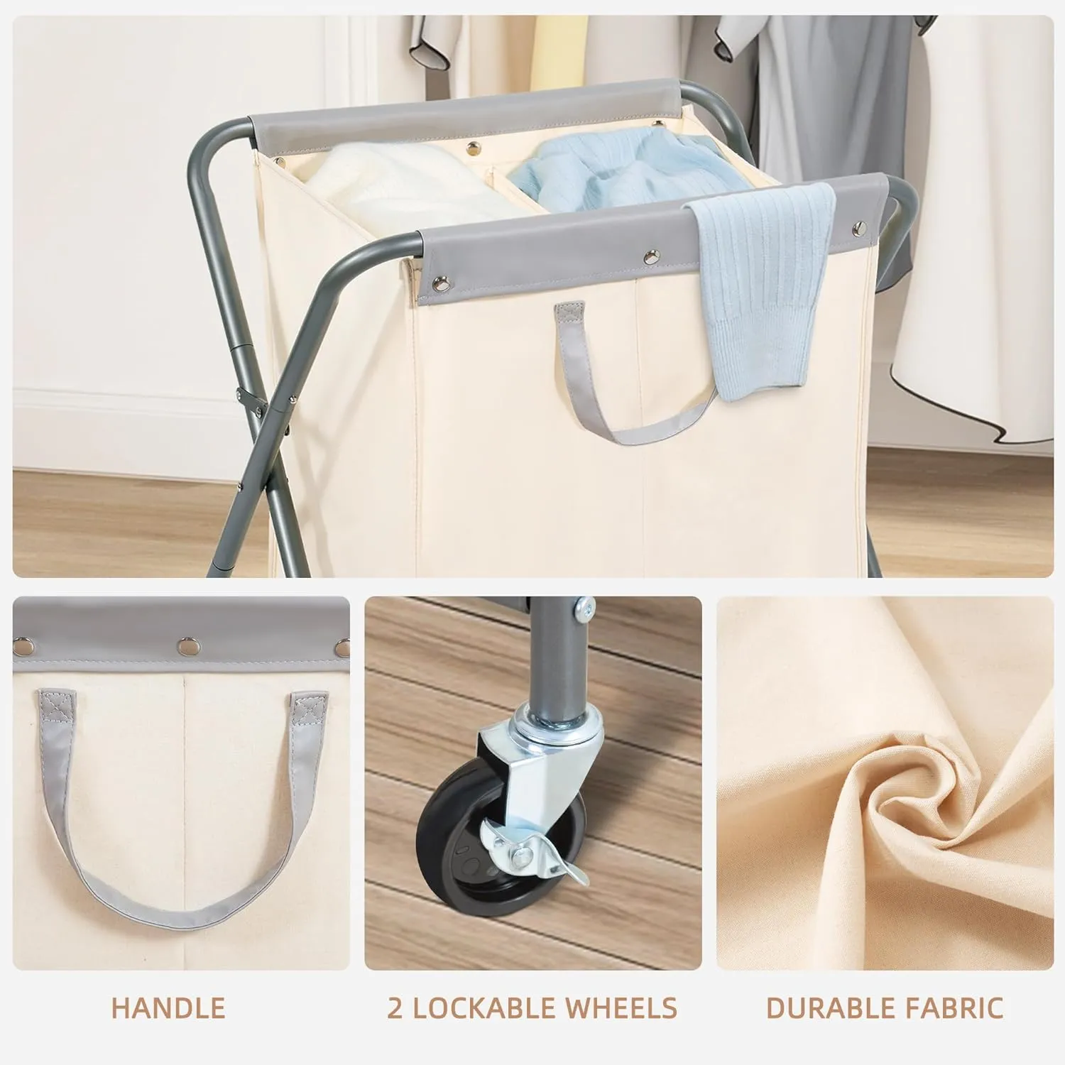 STORAGE MANIAC 125L Laundry Hamper with Wheels, Rolling Laundry Basket, Heavy Duty Laundry Sorter with Removable Bag, Folding X Frame Laundry Organizer Cart for Easy to Store, 2 Section