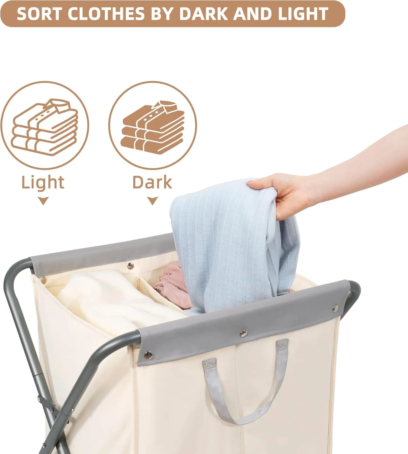 STORAGE MANIAC 125L Laundry Hamper with Wheels, Rolling Laundry Basket, Heavy Duty Laundry Sorter with Removable Bag, Folding X Frame Laundry Organizer Cart for Easy to Store, 2 Section